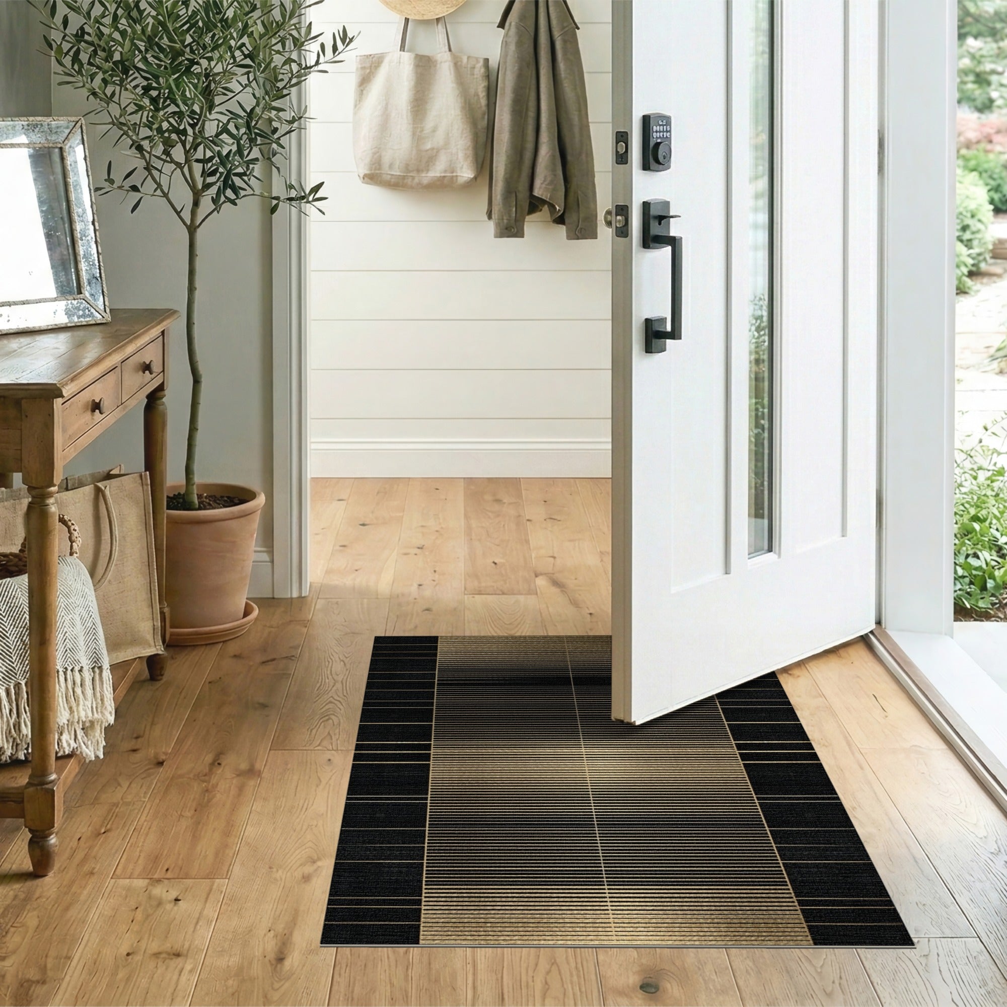 Gold Stripe Black Border Geometric Rug