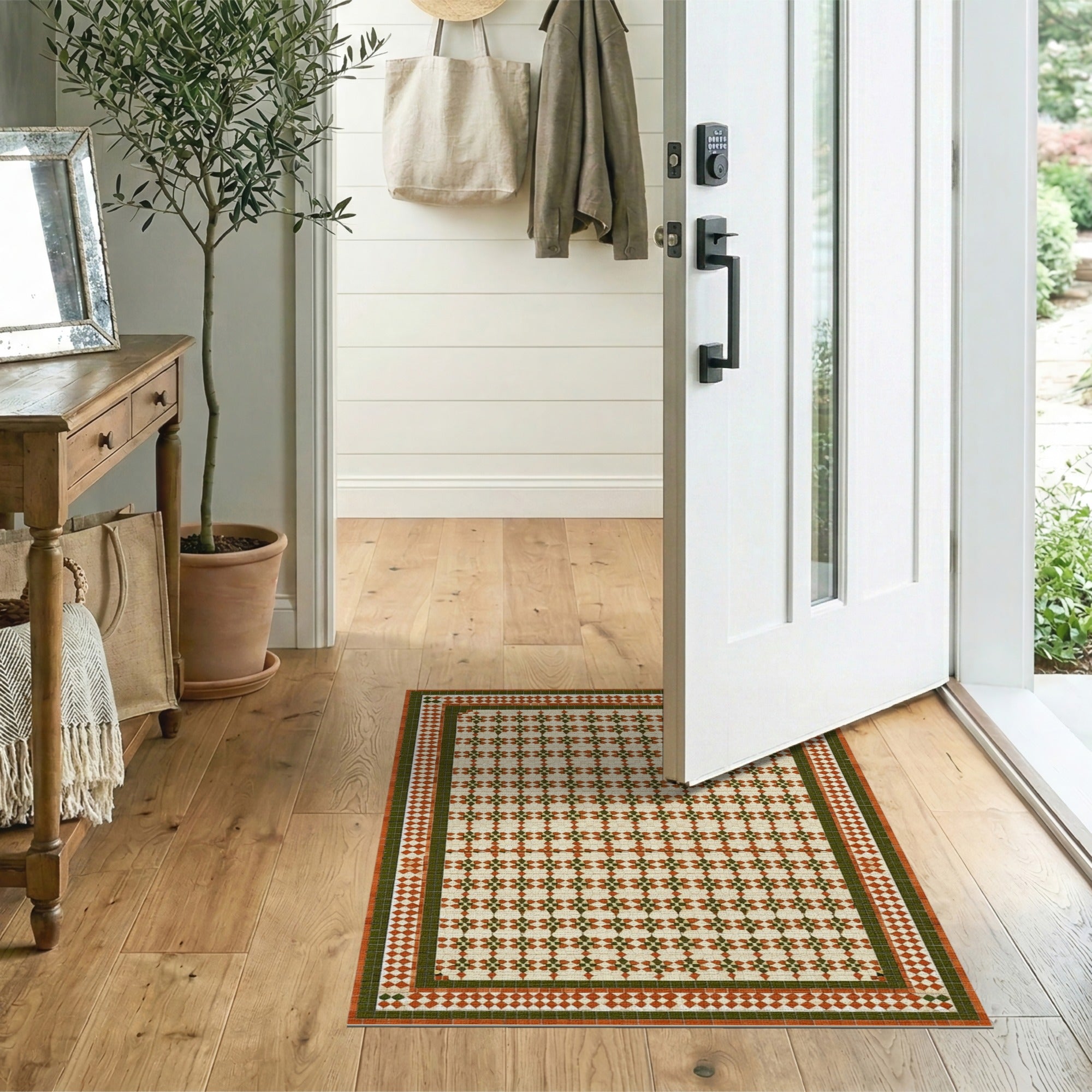 Washable Vintage Geometric Tile Area Rug - Terracotta & Olive Green