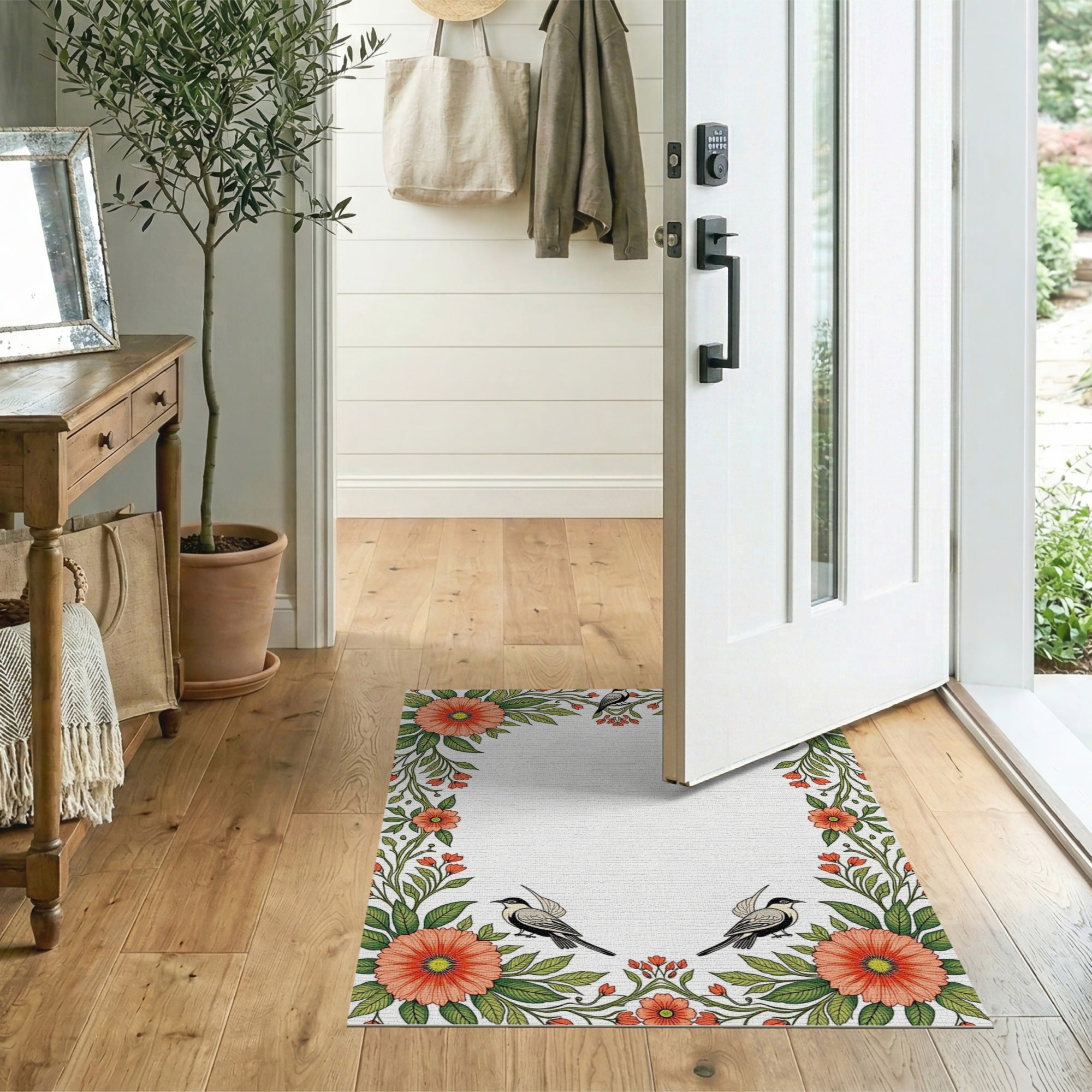 Vintage Orange Floral Bird Border Rug