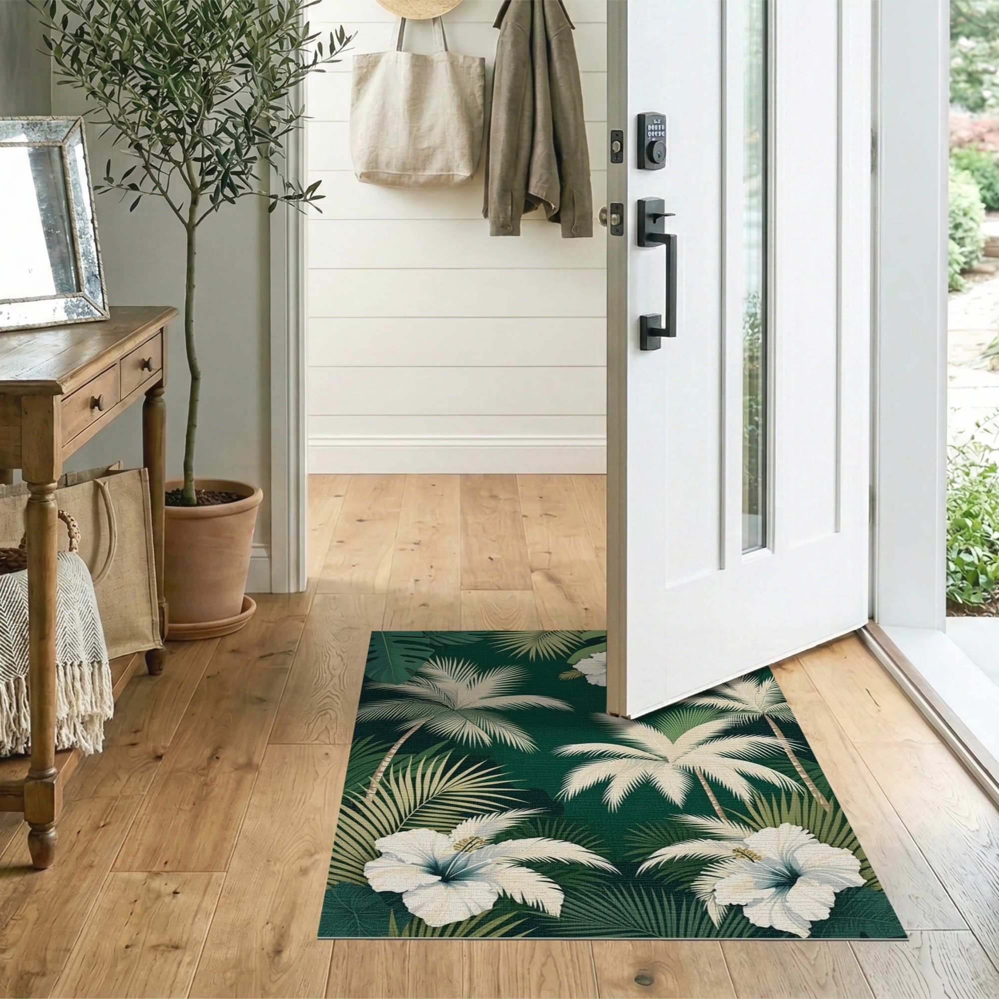 Lush Green Palm Leaf Hibiscus Area Rug
