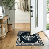 ODIKA Washable Vintage Damask Medallion Area Rug, Low Pile Non-Slip Traditional Navy/Cream Carpet