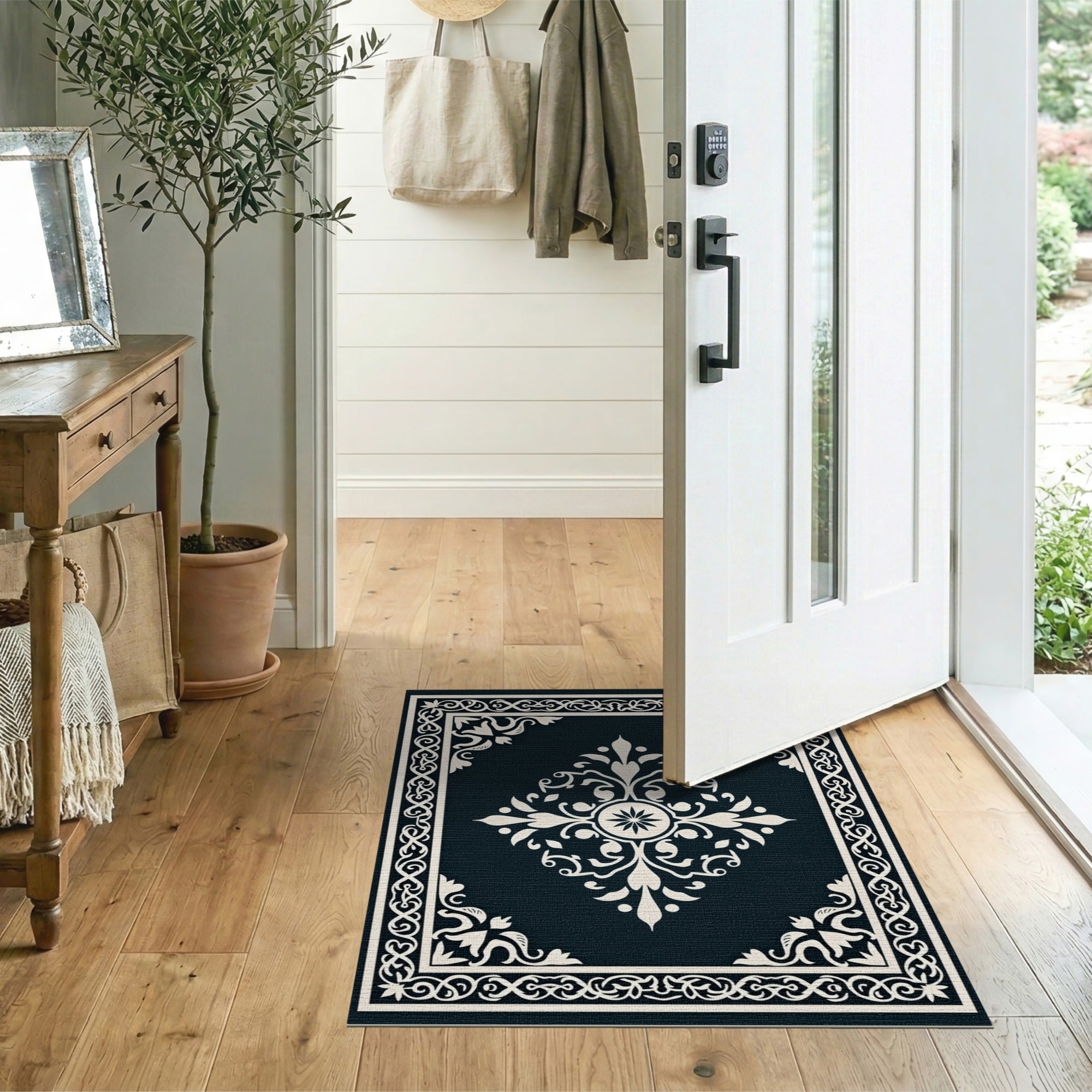 ODIKA Washable Vintage Damask Medallion Area Rug, Low Pile Non-Slip Traditional Navy/Cream Carpet