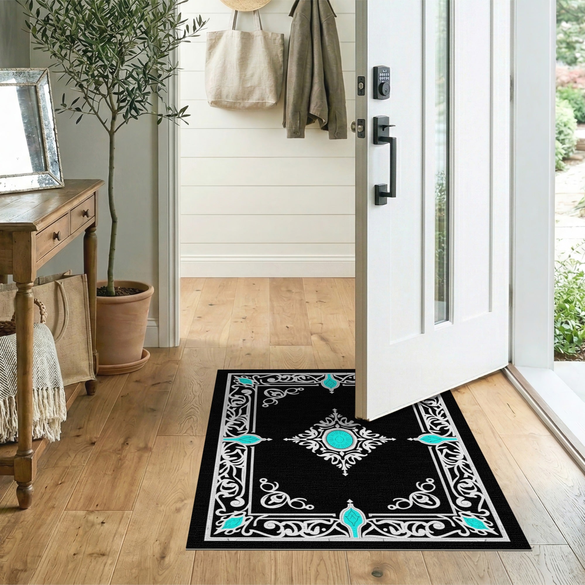 Ornate Teal Medallion Black Filigree Area Rug
