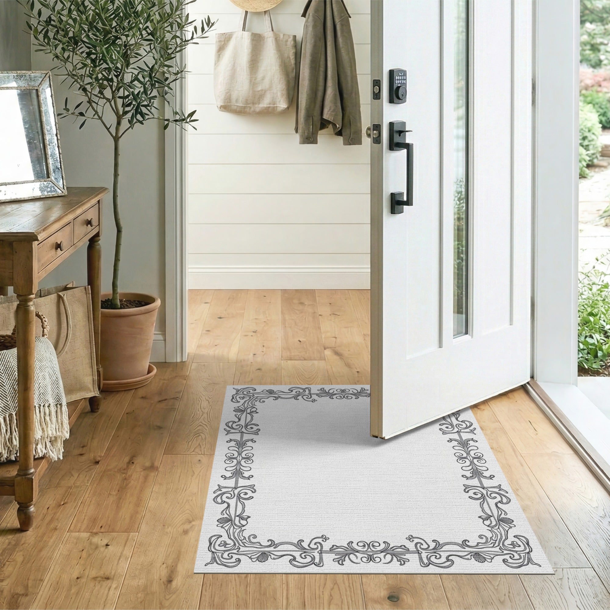 Floral Vintage Ornate Floral Scroll Black White Area Rug