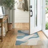ODIKA Washable Abstract Wave Area Rug - Modern Teal & Beige Low Pile Non-Slip Rug
