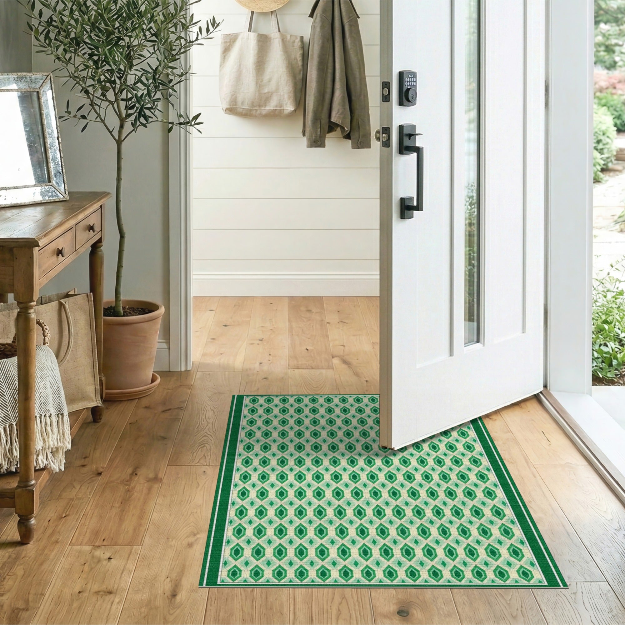 ODIKA Washable Green Geometric Diamond Area Rug - Low Pile, Non-Slip, Pet & Kid Friendly