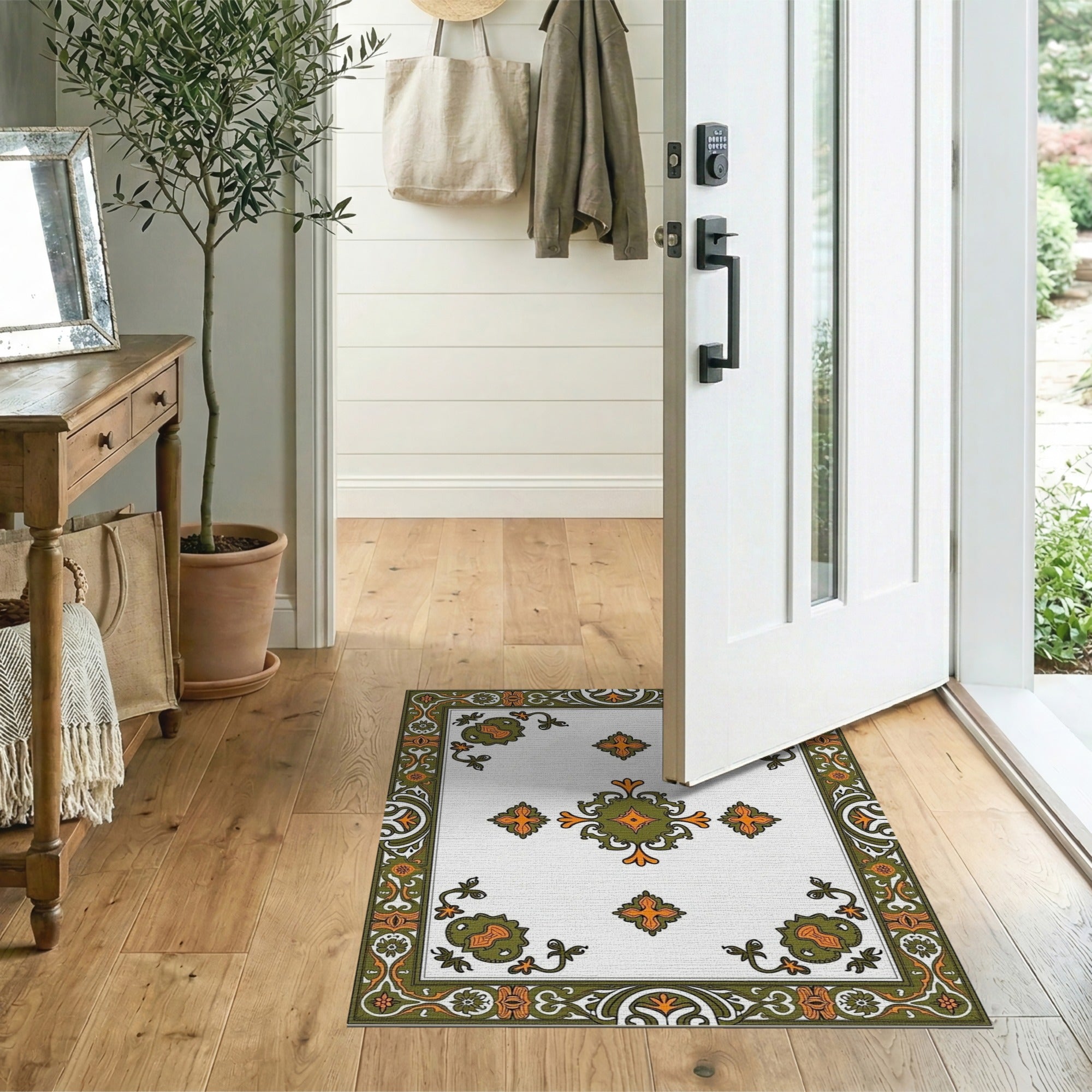Ornate Olive Green Burnt Orange Persian Border Rug