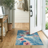 Blue Teal Palm Fronds Pink Hibiscus Area Rug