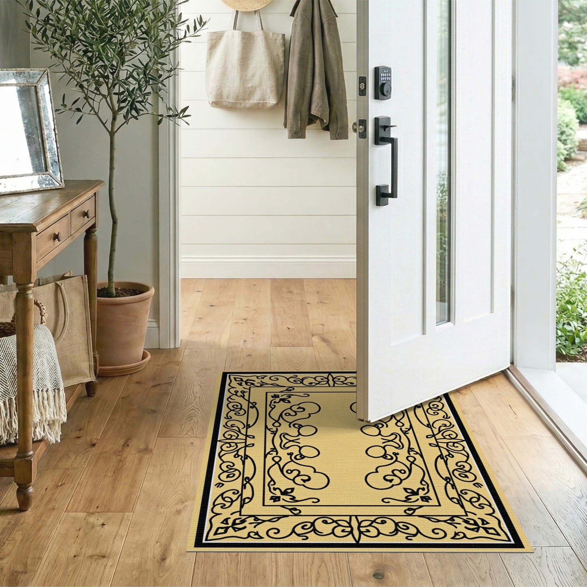 Ornate Black Floral Border Beige Floral Vintage Area Rug