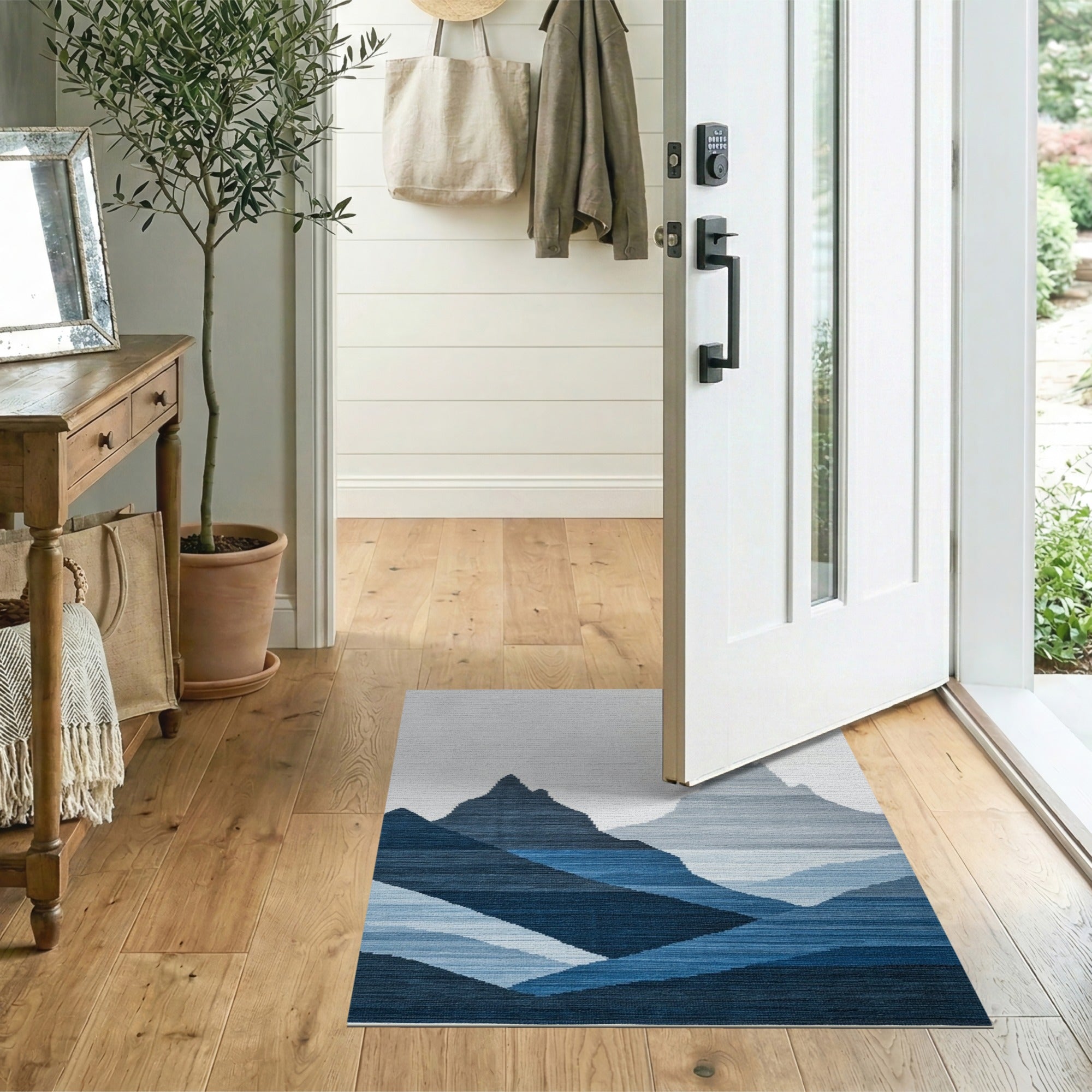 Blue and Teal Layered Blue Mountains Geometric Area Rug