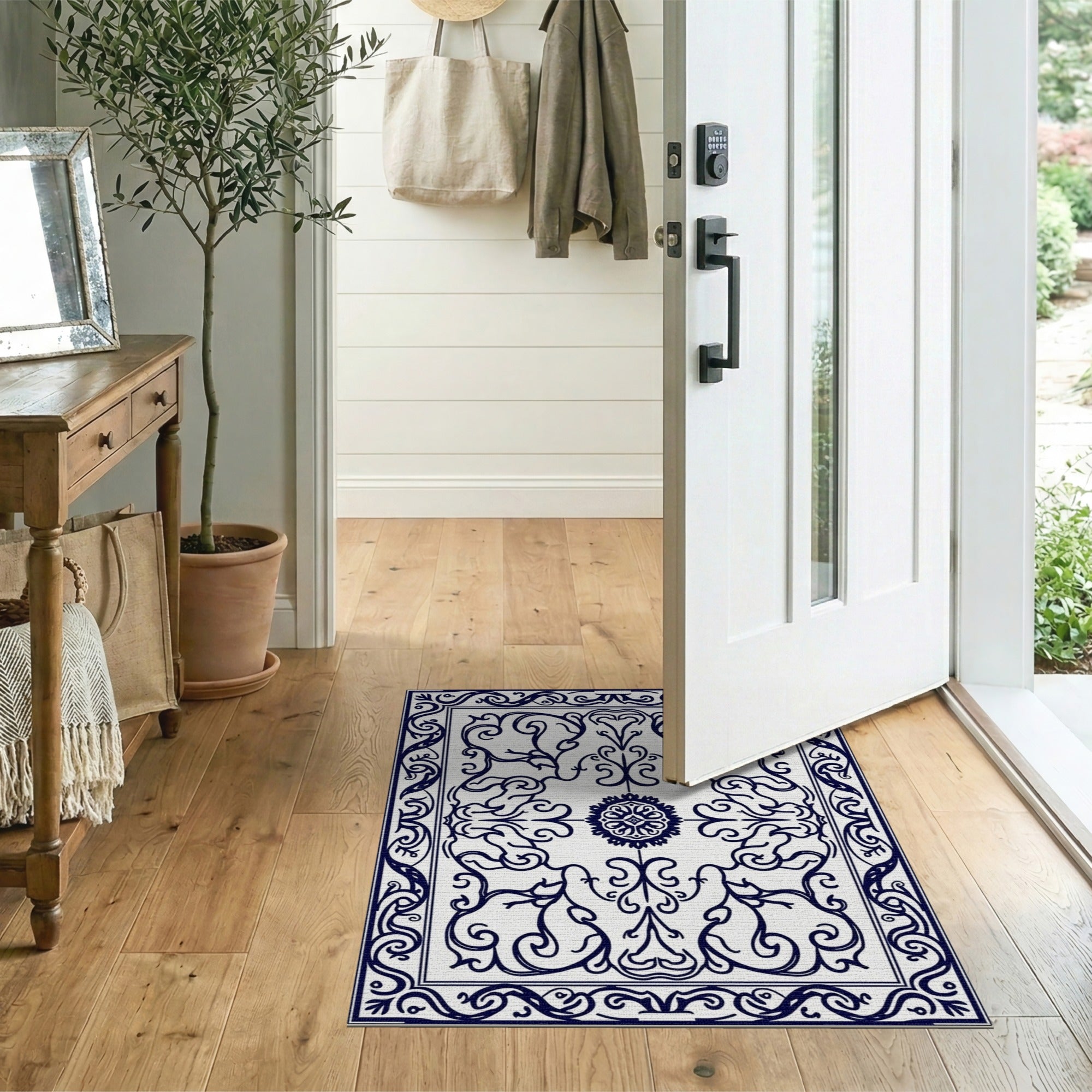Blue and Teal Ornate Navy Blue Persian Border Rug