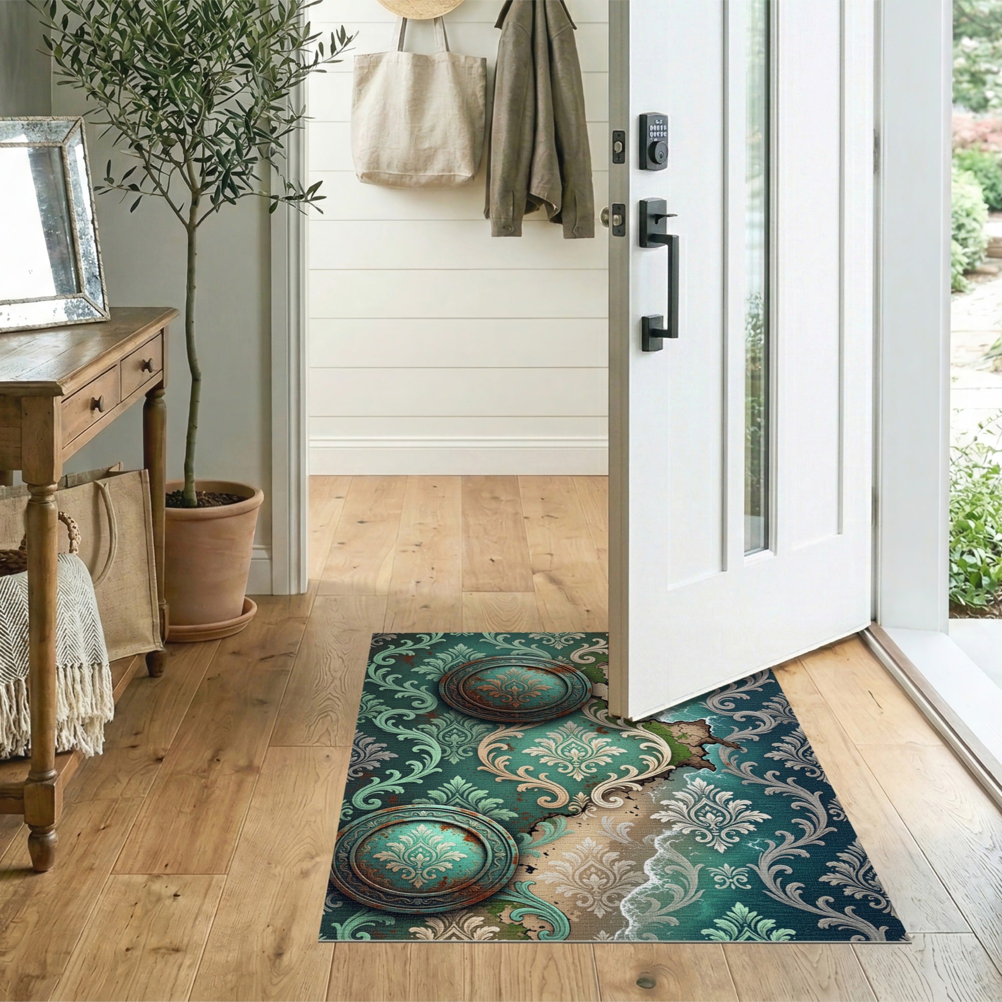 Distressed Teal Damask Coastal Reveal Area Rug