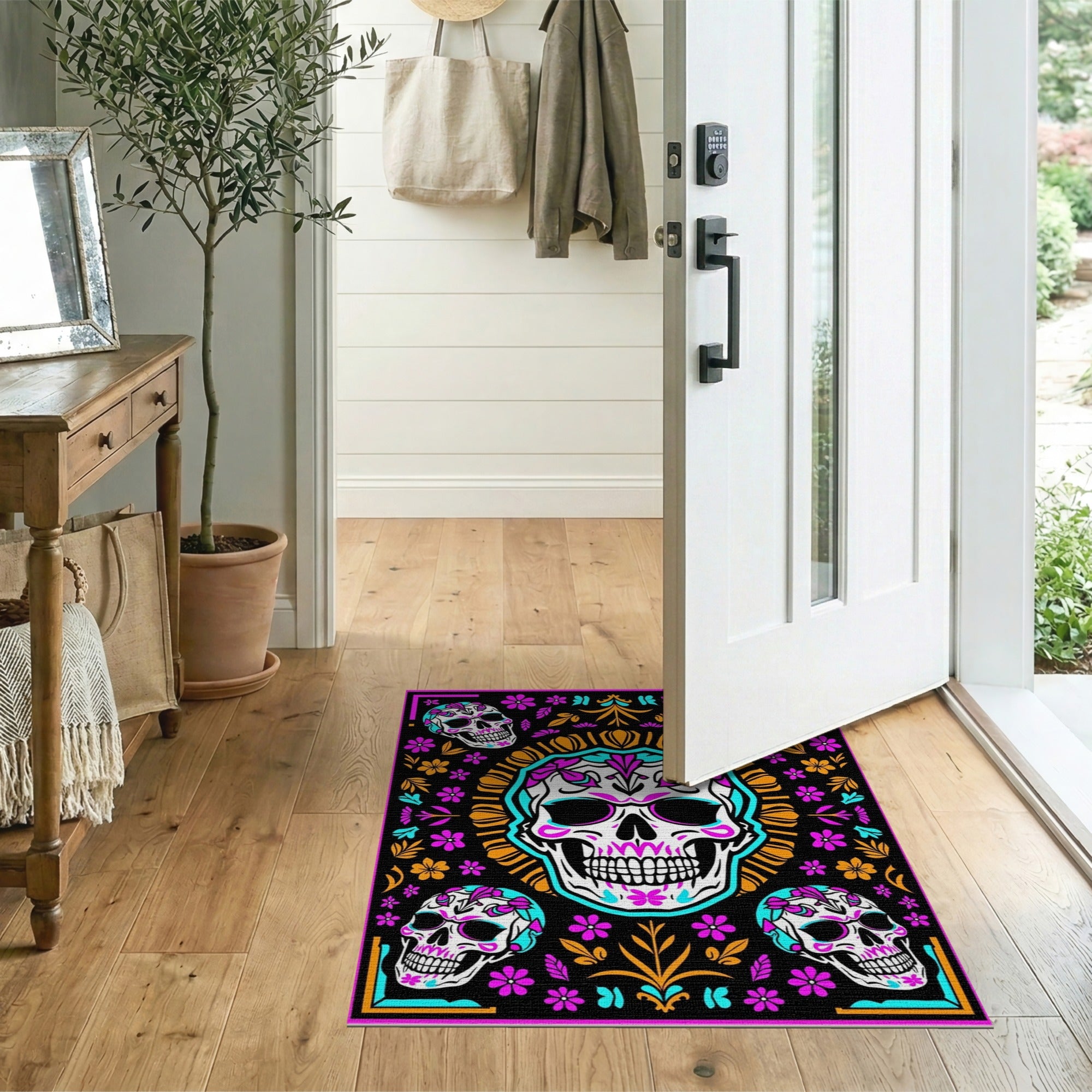 Vibrant Day of the Dead Sugar Skull Area Rug