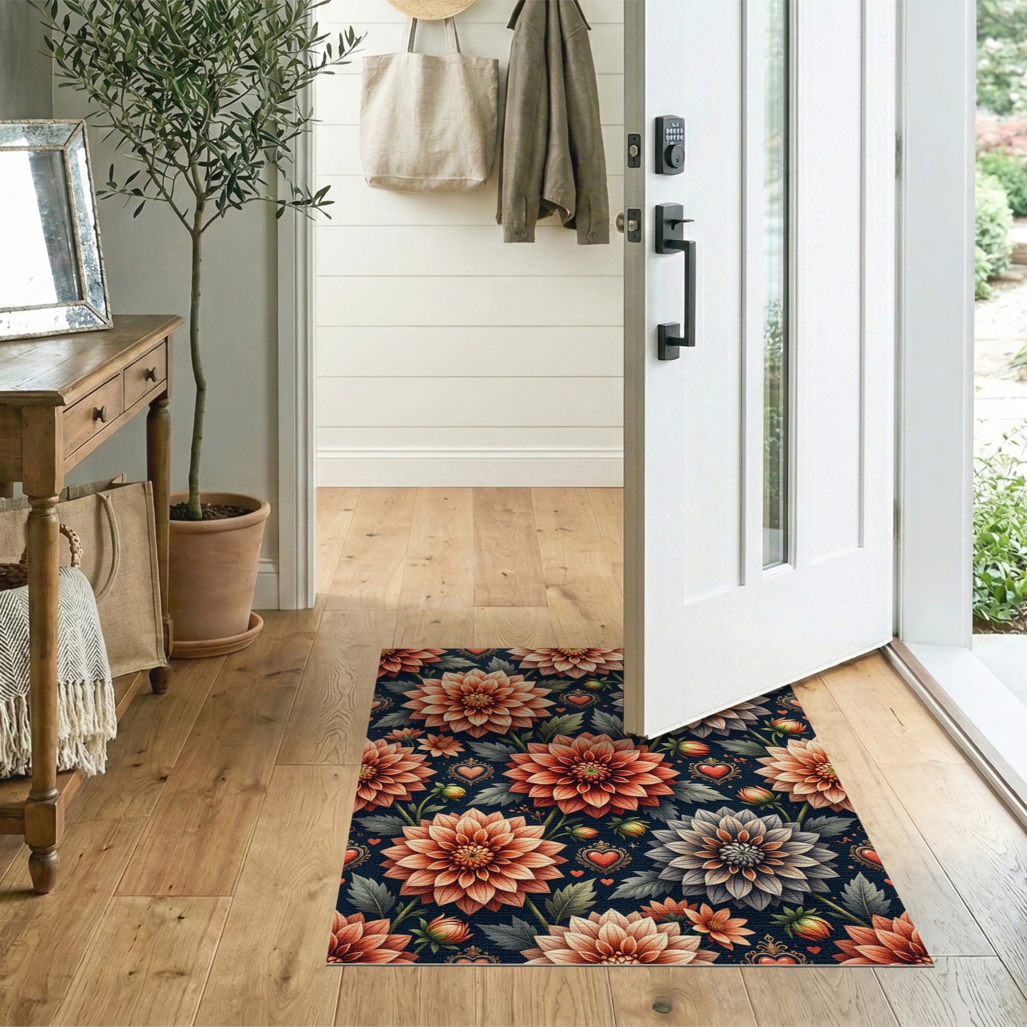 Baroque Dahlia Floral Area Rug with Ornate Hearts