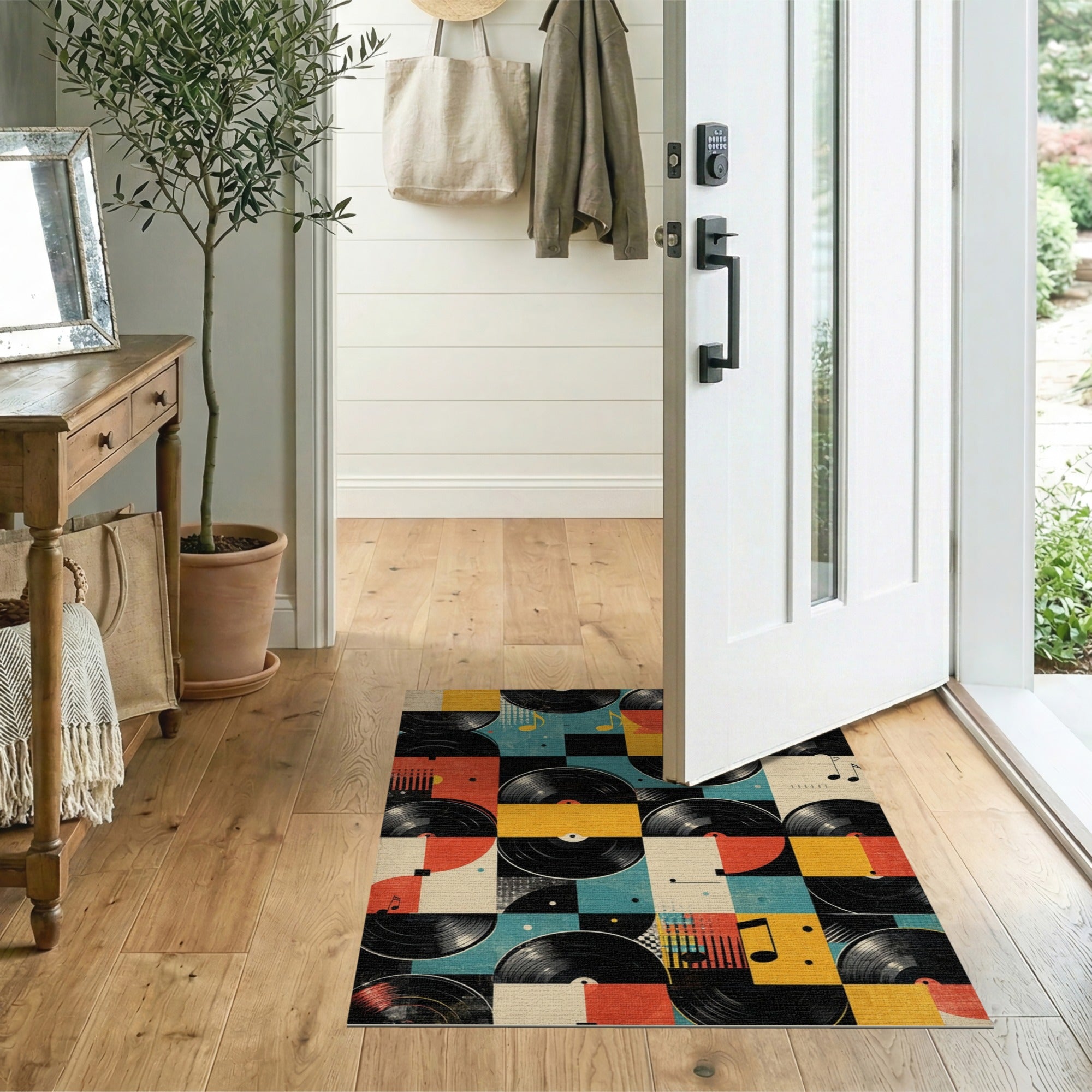 ODIKA Retro Vinyl Record Geometric Washable Area Rug, Non-Slip Low Pile
