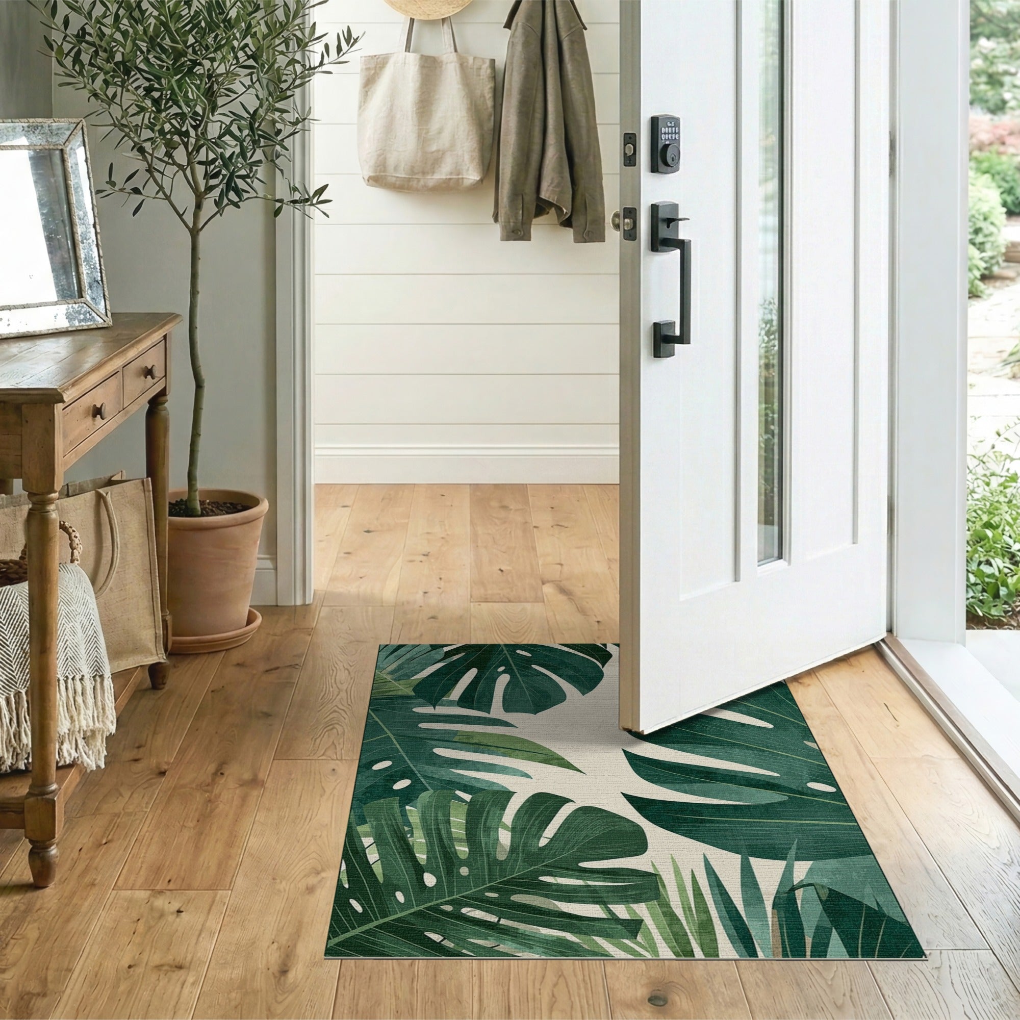 Vintage Monstera Leaves Green Area Rug