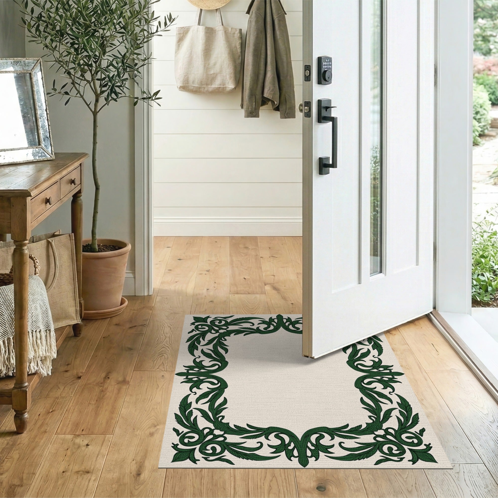 Floral Vintage Ornate Green Foliage Border Area Rug