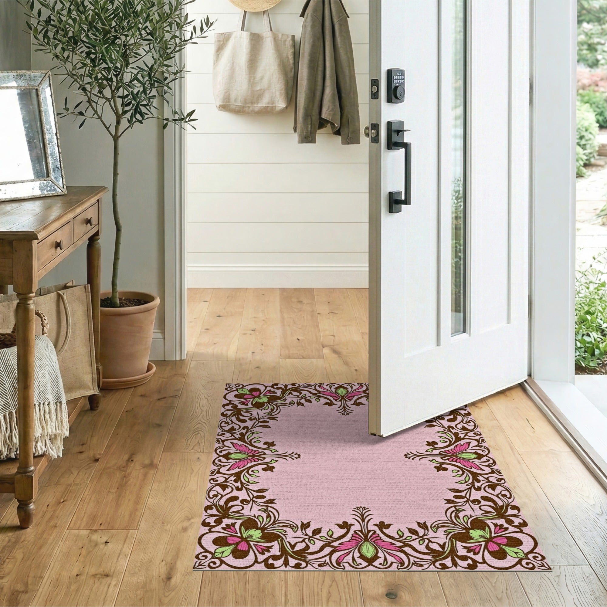 Pink Floral Vintage Elegant Pink Floral Border Area Rug