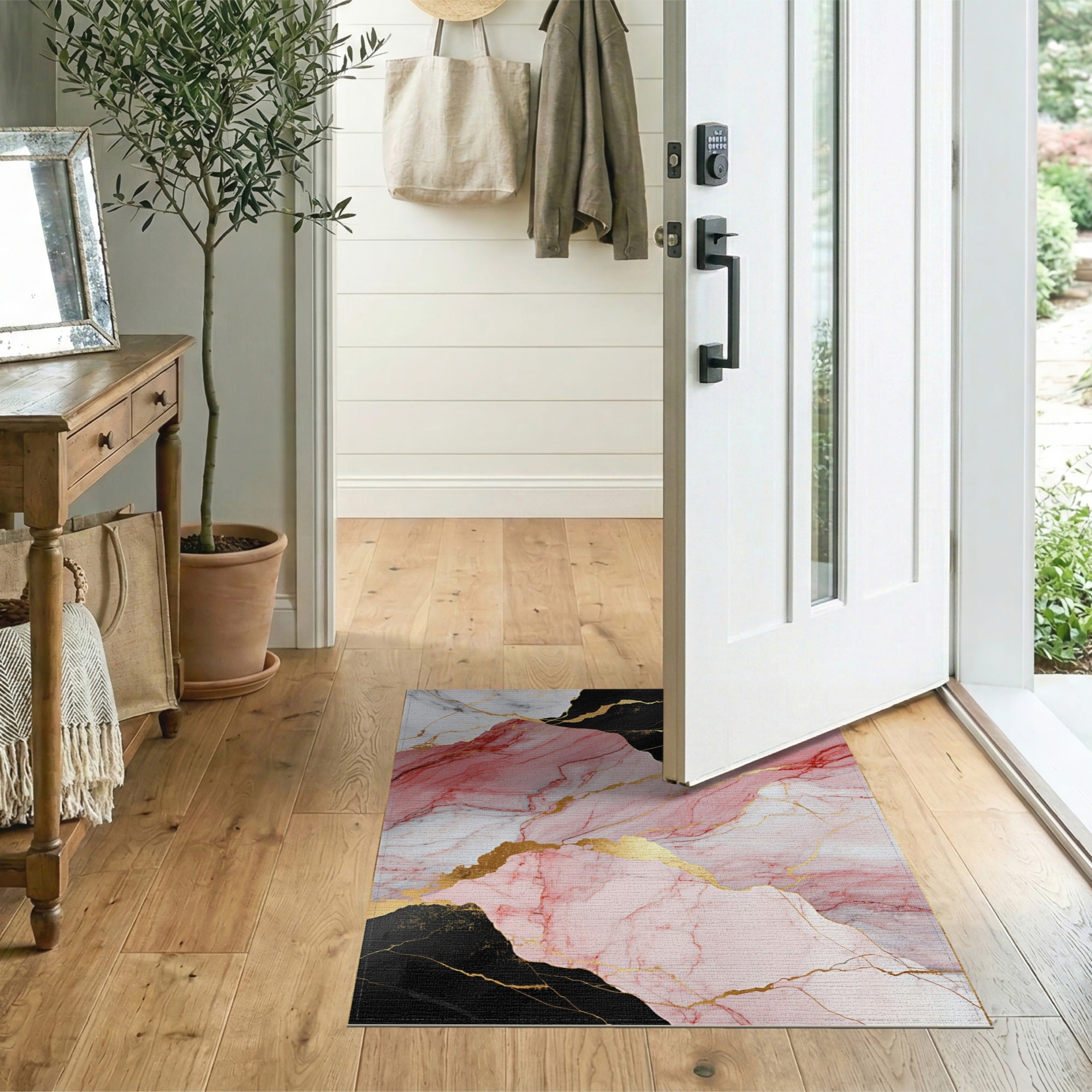 Pink Marble Gold Vein Abstract Area Rug
