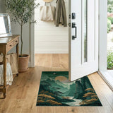 Misty Green Mountains Area Rug with Golden Moon and Crane