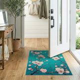 ODIKA Teal Cherry Blossom Washable Area Rug - Low Pile & Non-Slip Floral Home Decor