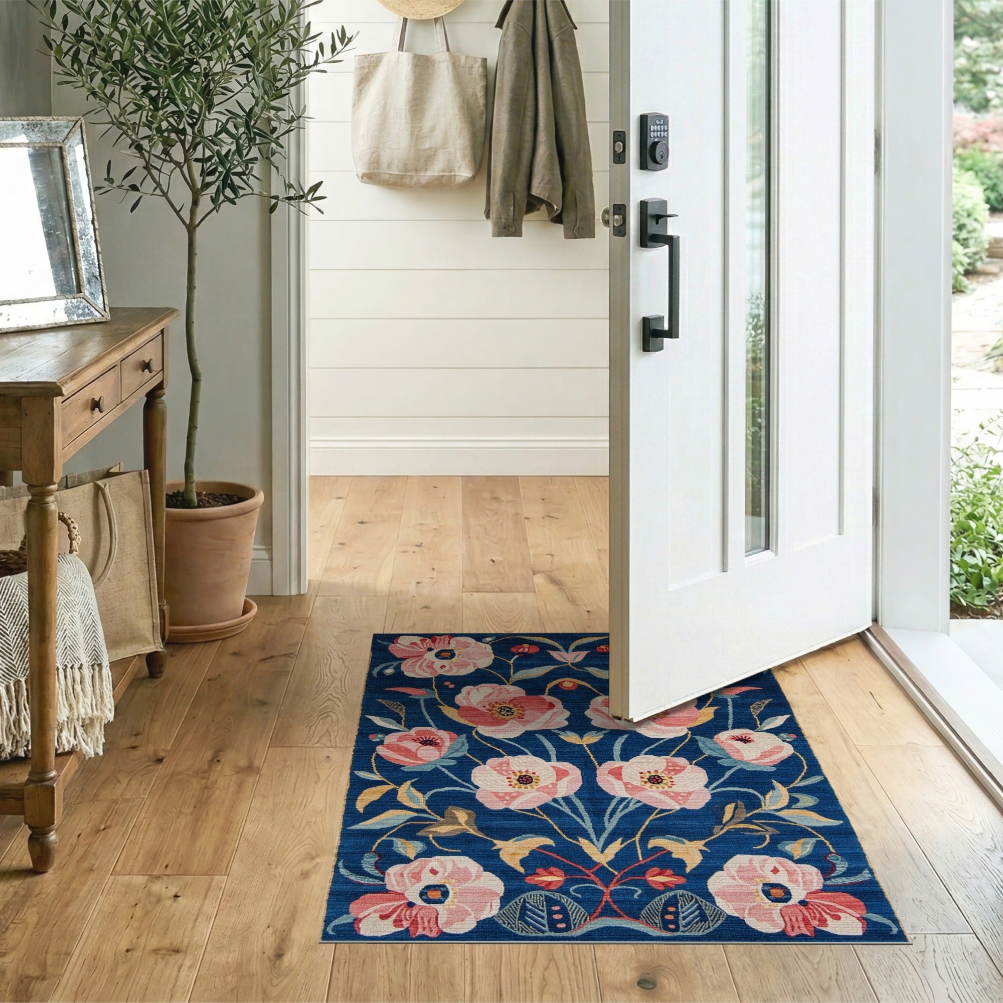 Pink Poppy Floral Navy Area Rug