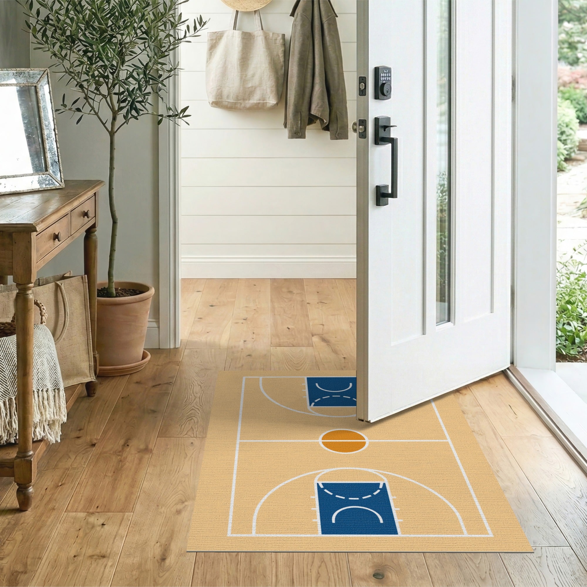 Geometric Modern Basketball Court Outline Area Rug