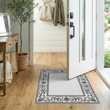 Ornate Black White Floral Frame Area Rug