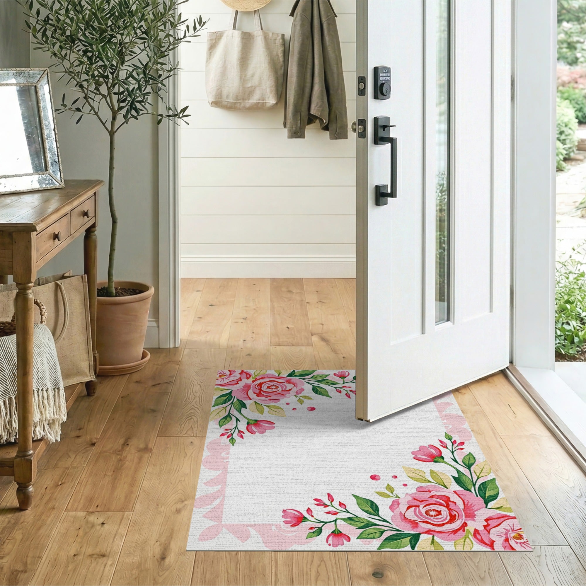 Floral Vintage Pink Rose Floral Border Area Rug