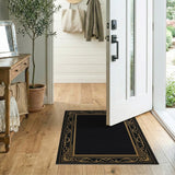 Vintage Black & Gold Ornate Border Washable Area Rug, Low Pile & Non-Slip