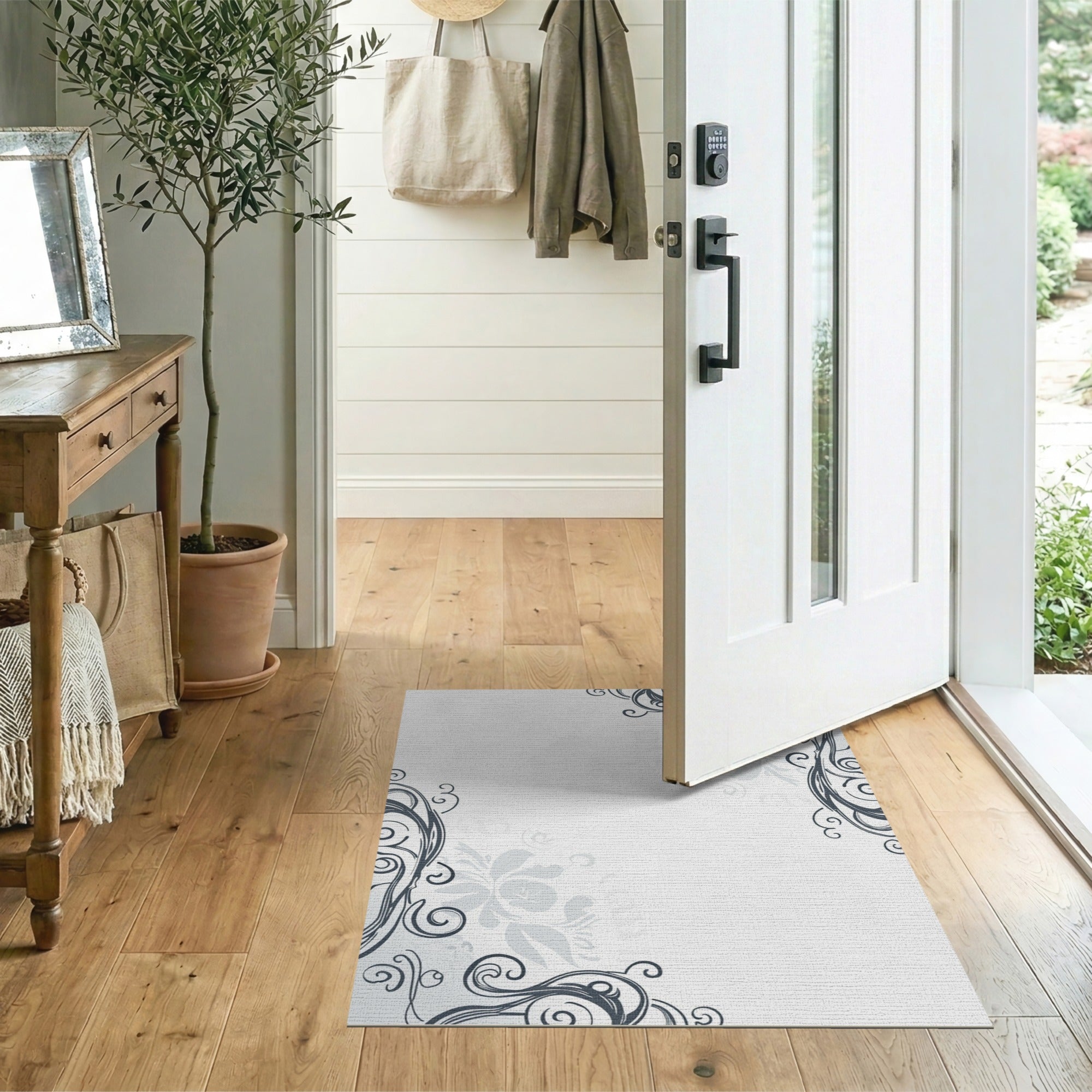 Elegant Black White Floral Scroll Rug
