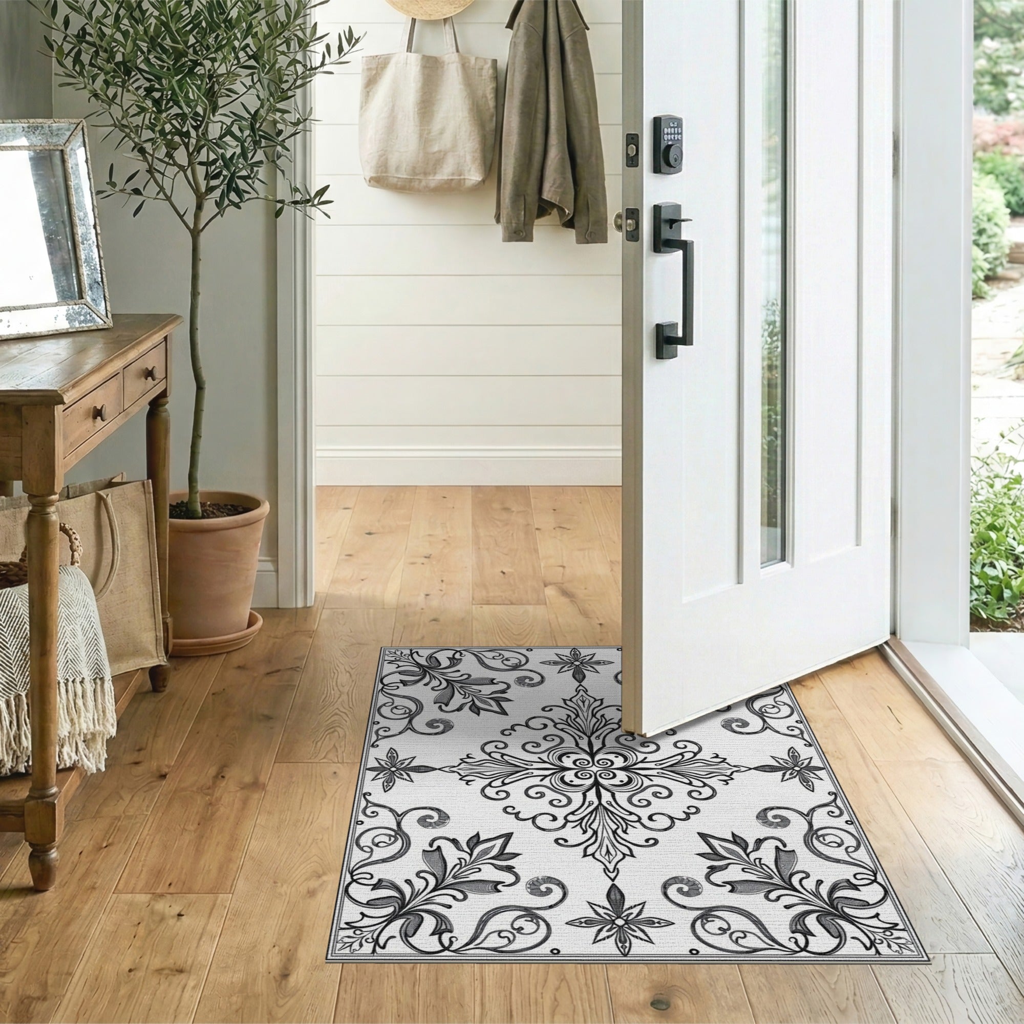 Elegant Black White Floral Ornament Area Rug