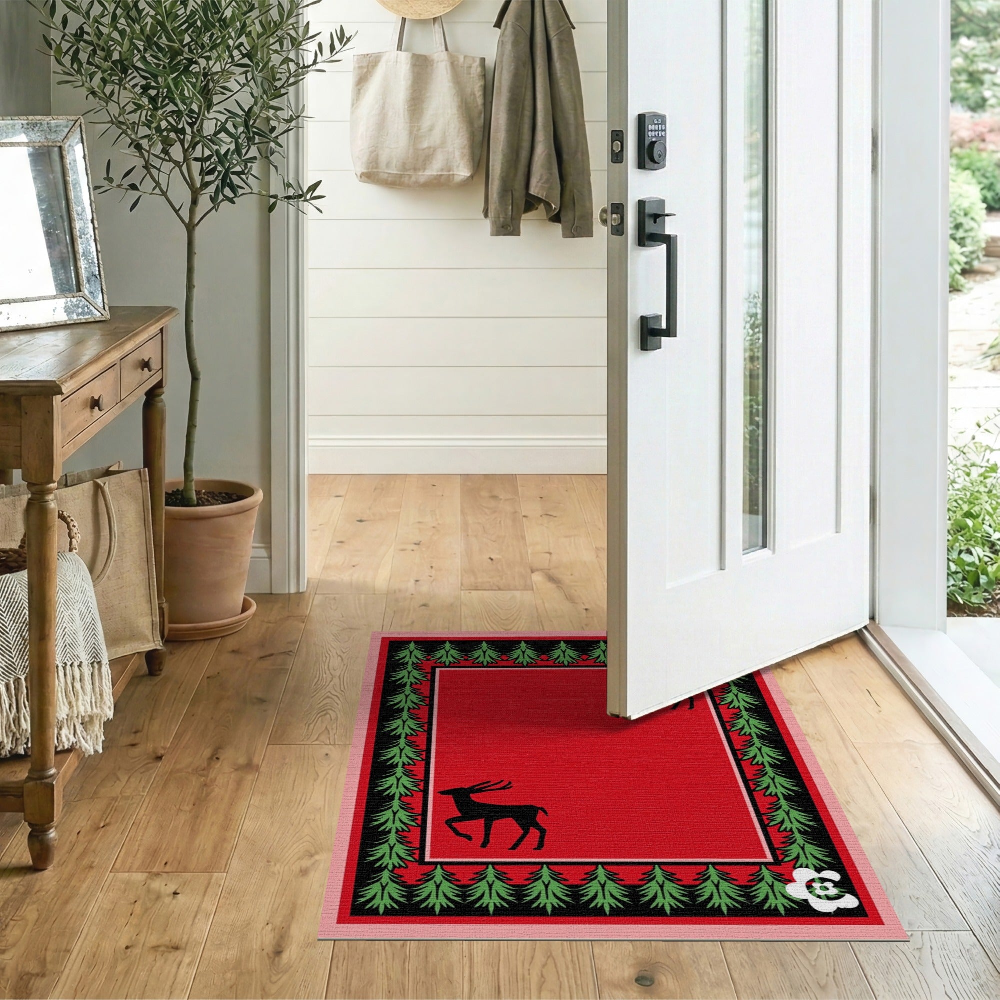 Red Woodland Deer Area Rug with Pine Tree Border