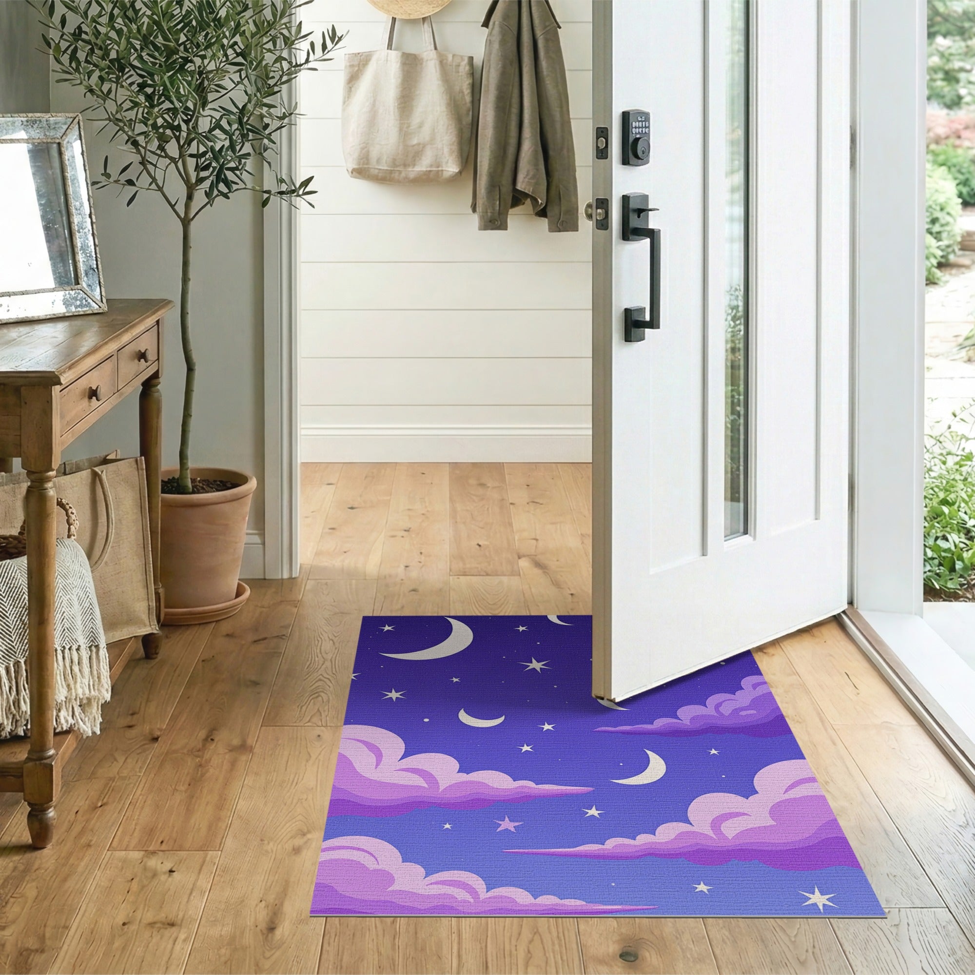 ODIKA Washable Moon and Stars Celestial Area Rug - Whimsical Purple & Pink Clouds Design