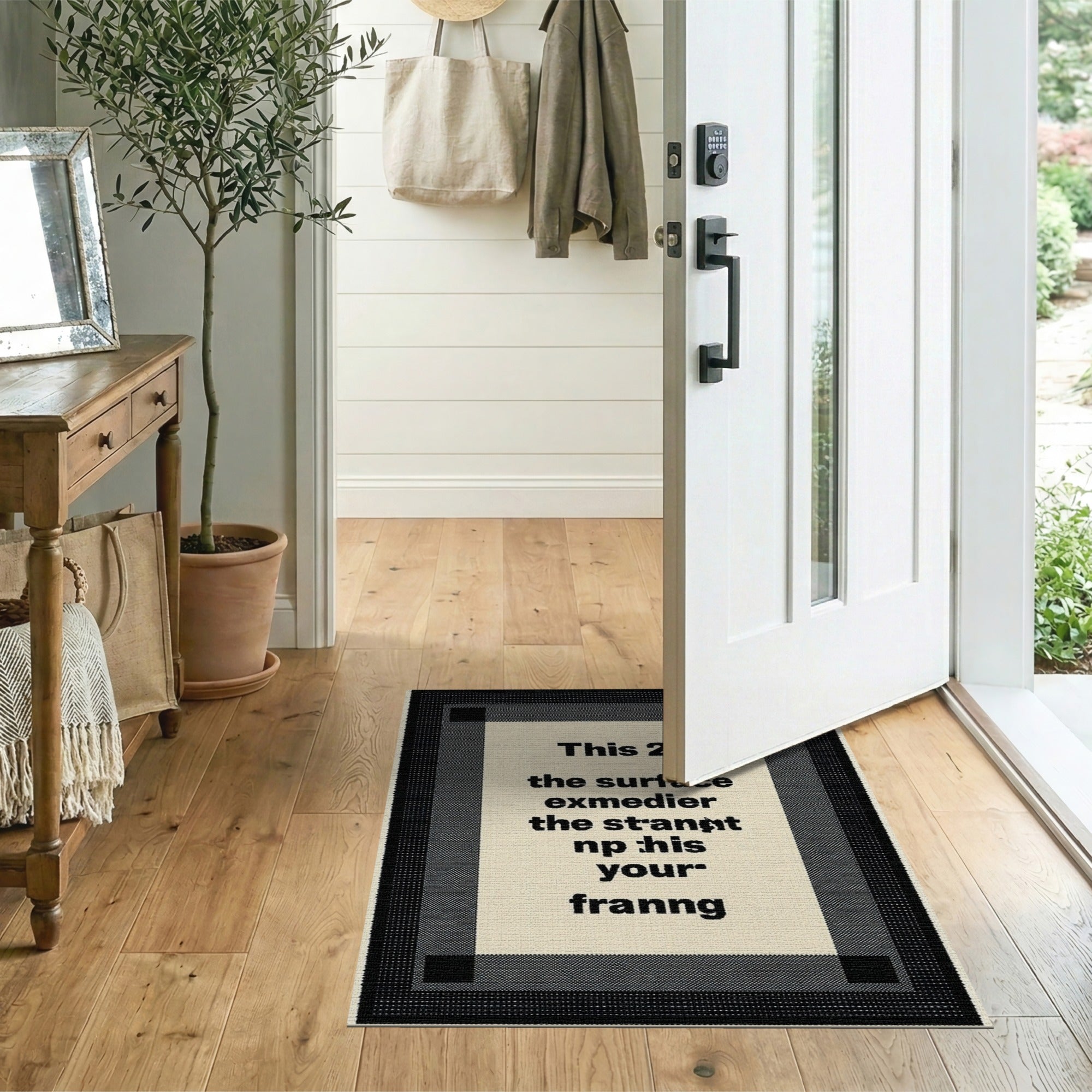 Distressed Framed Text Black White Area Rug