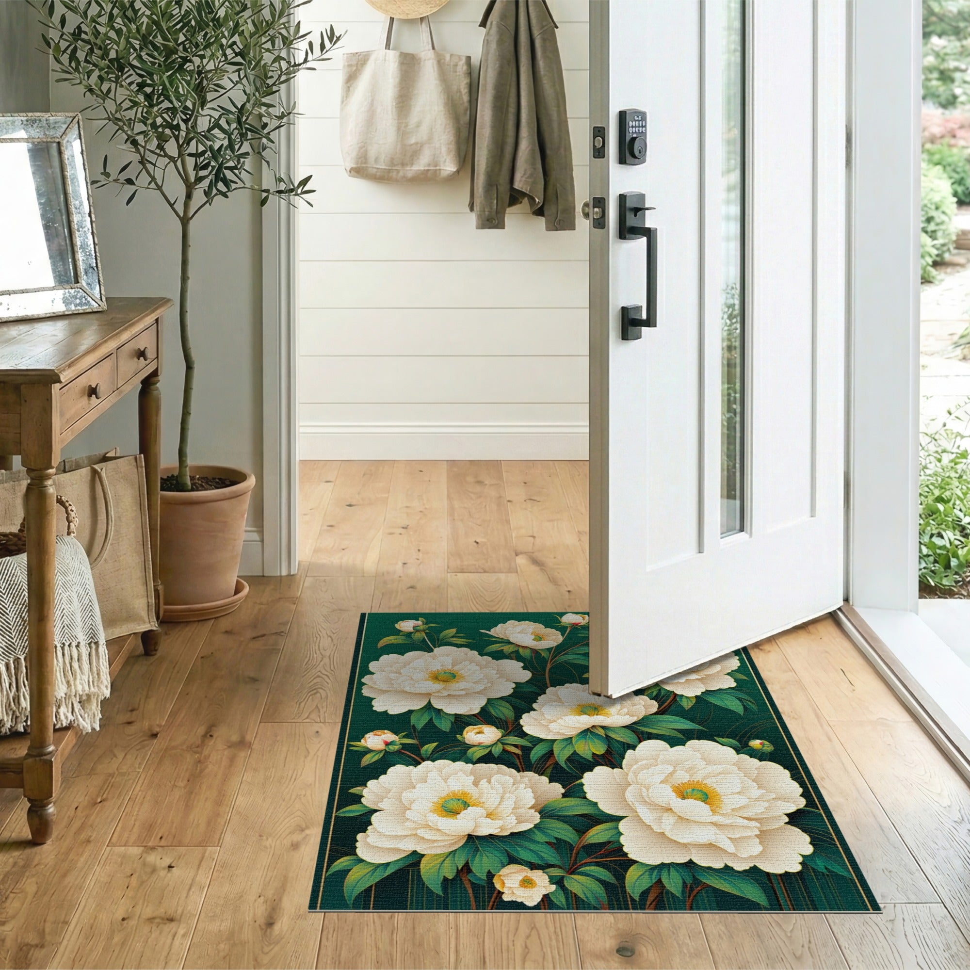 Green Emerald Green White Peony Floral Area Rug