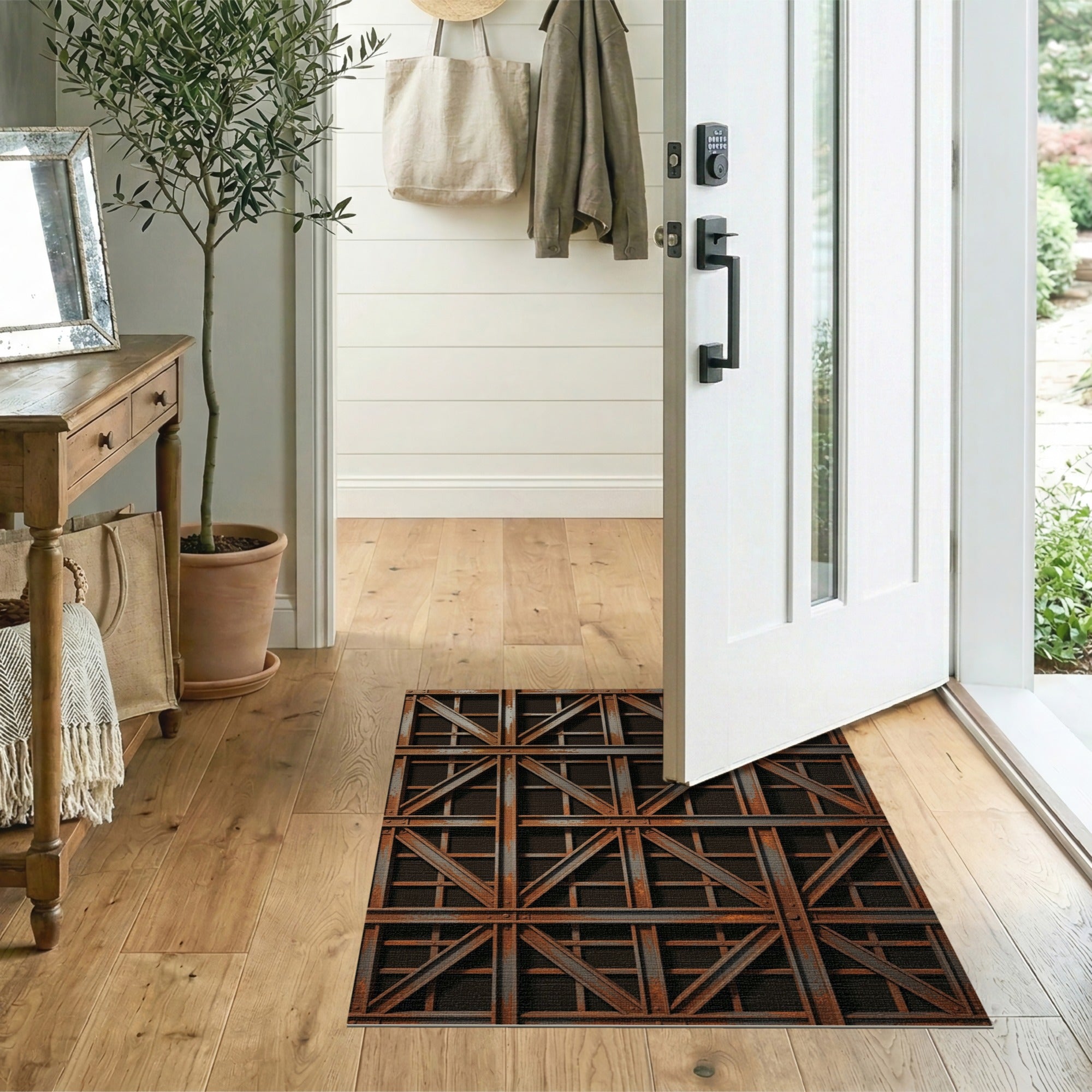 Brown and Tan Rusted Industrial Grid Area Rug