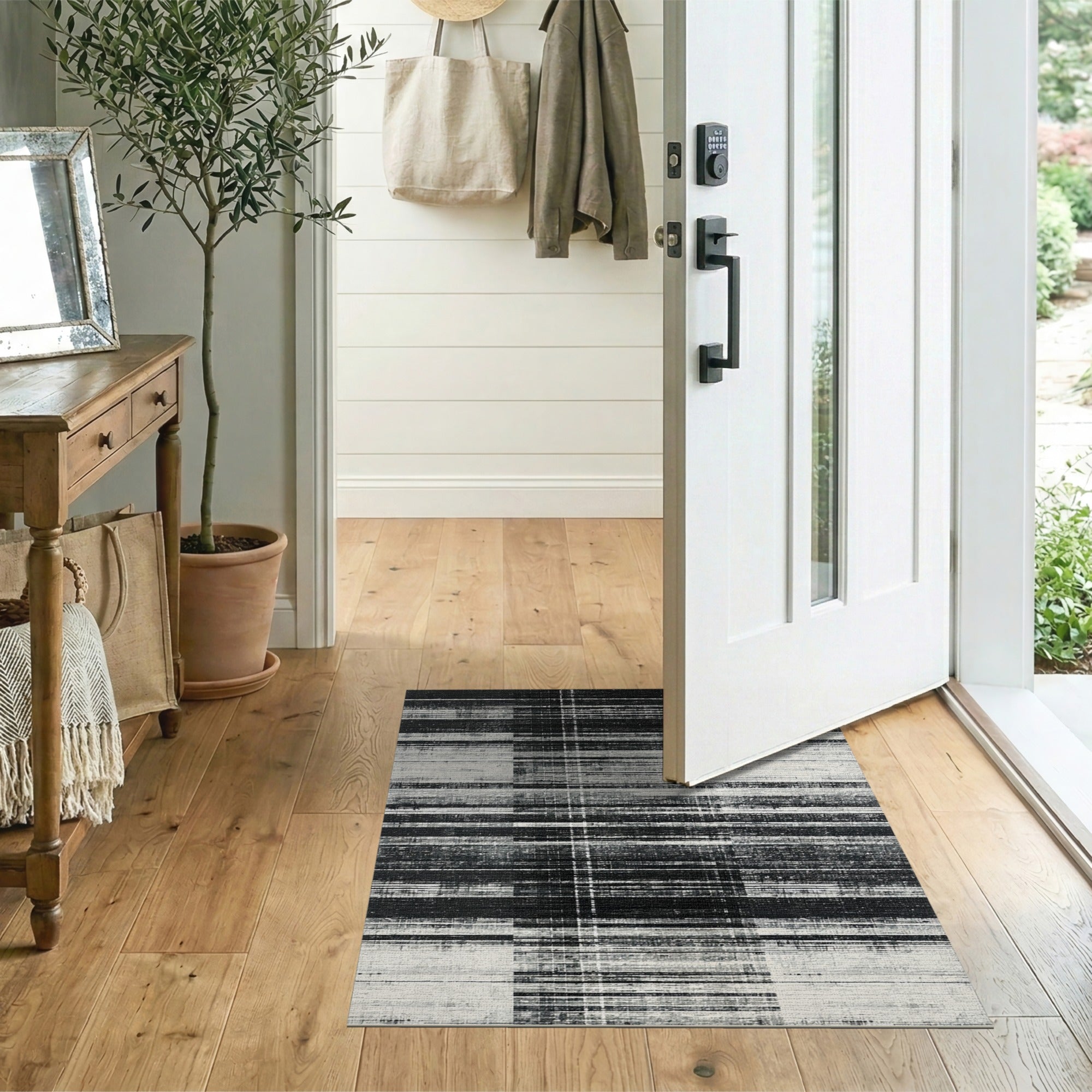 Black and White Distressed Black White Grid Area Rug