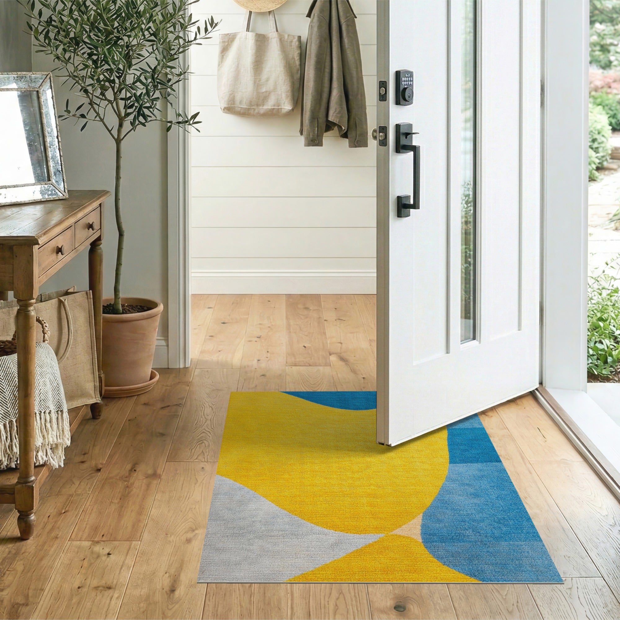 Vibrant Yellow Blue Abstract Wave Area Rug