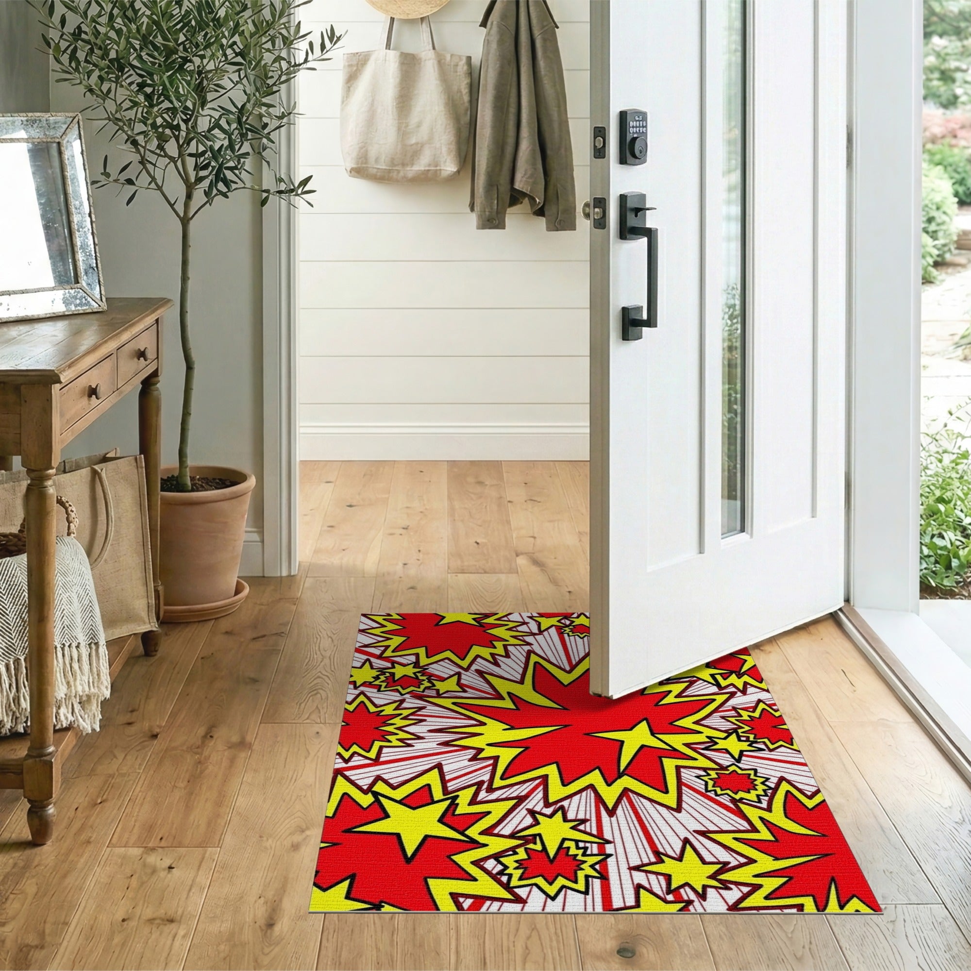 ODIKA Washable Pop Art Comic Book Rug - Red & Yellow Starburst Low Pile Area Rug