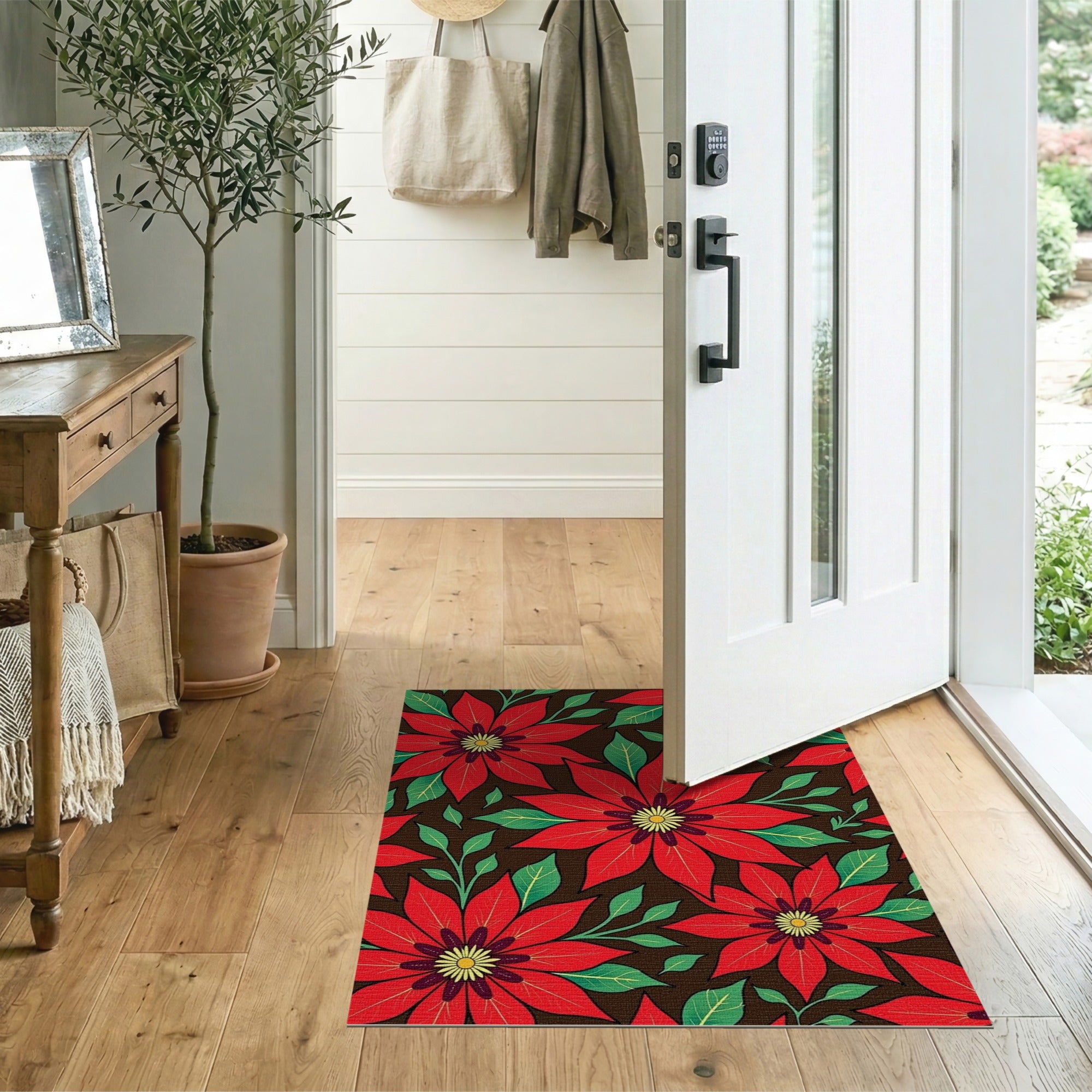 Red Poinsettia Floral Floral Vintage Area Rug