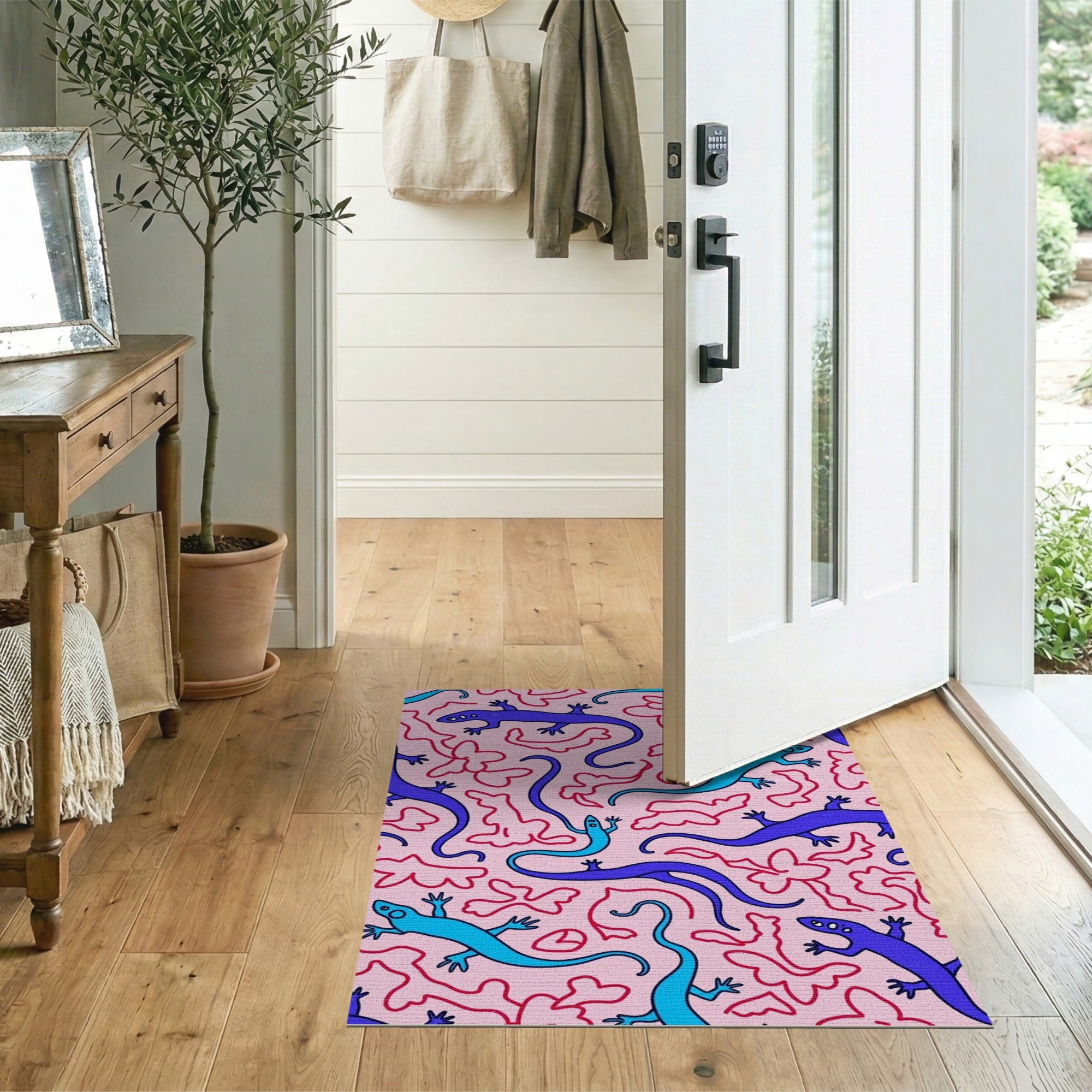 Playful Cartoon Lizard Pink Area Rug