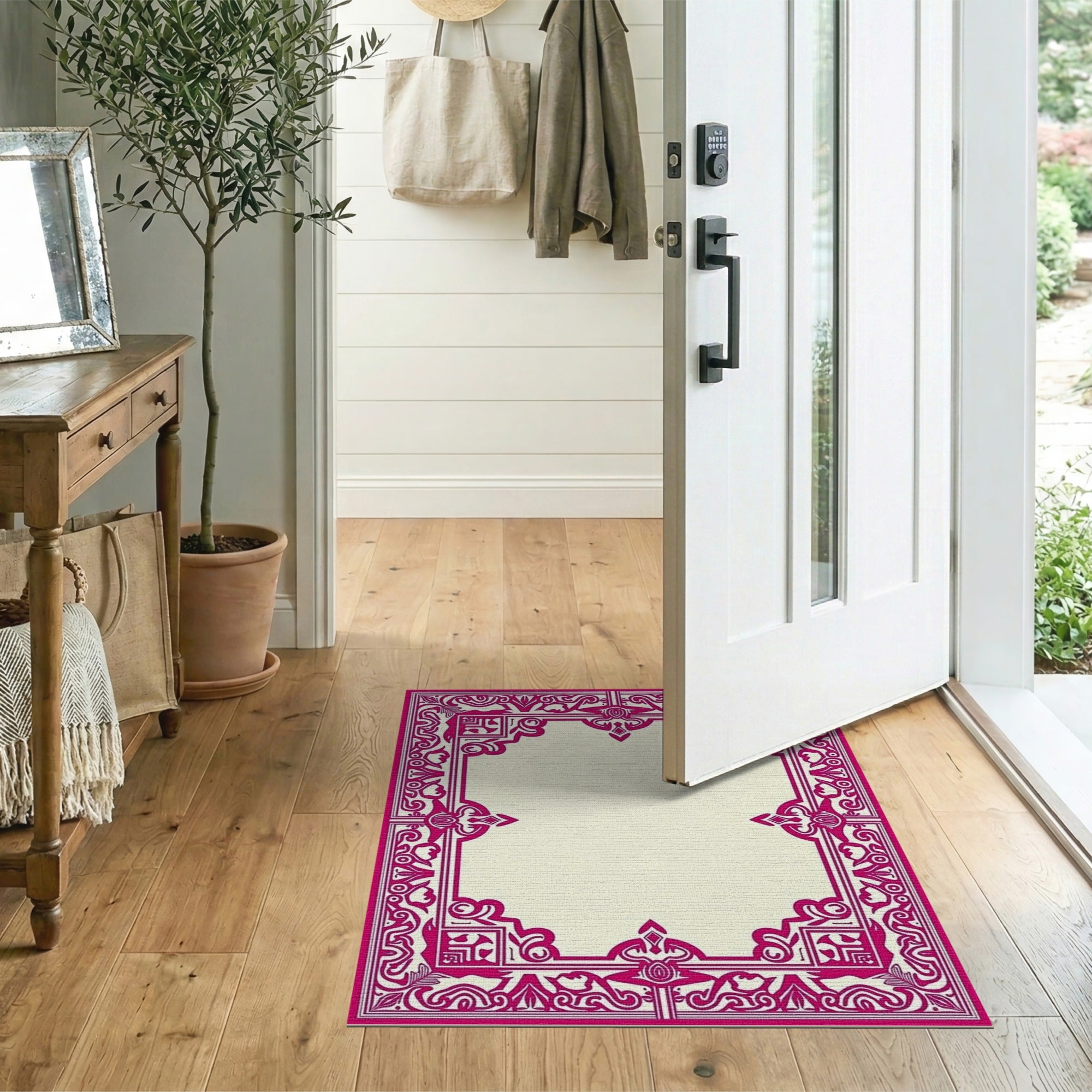 Ornate Magenta Floral Border Area Rug
