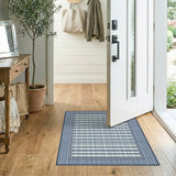 Navy Blue Gingham Border Striped Area Rug