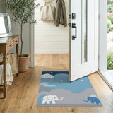 ODIKA Blue Elephant Starry Night Washable Nursery Rug, Low Pile Non-Slip Kids Area Rug