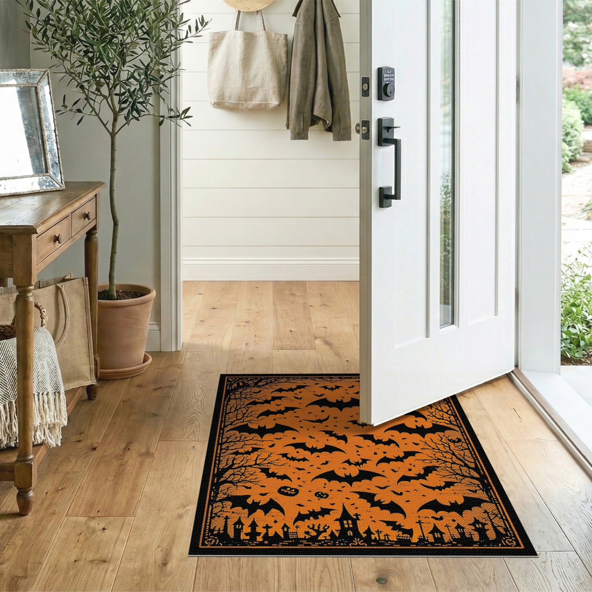 Vintage Halloween Bats Pumpkins Orange Rug