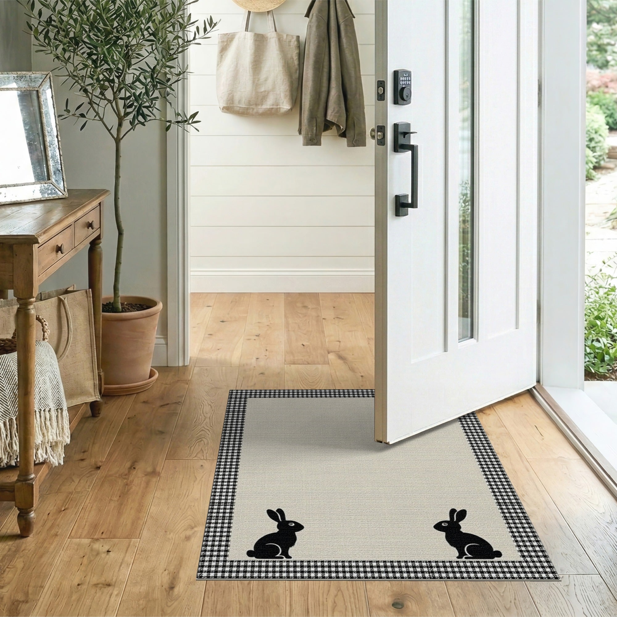 Beige Gingham Bunny Silhouette Area Rug