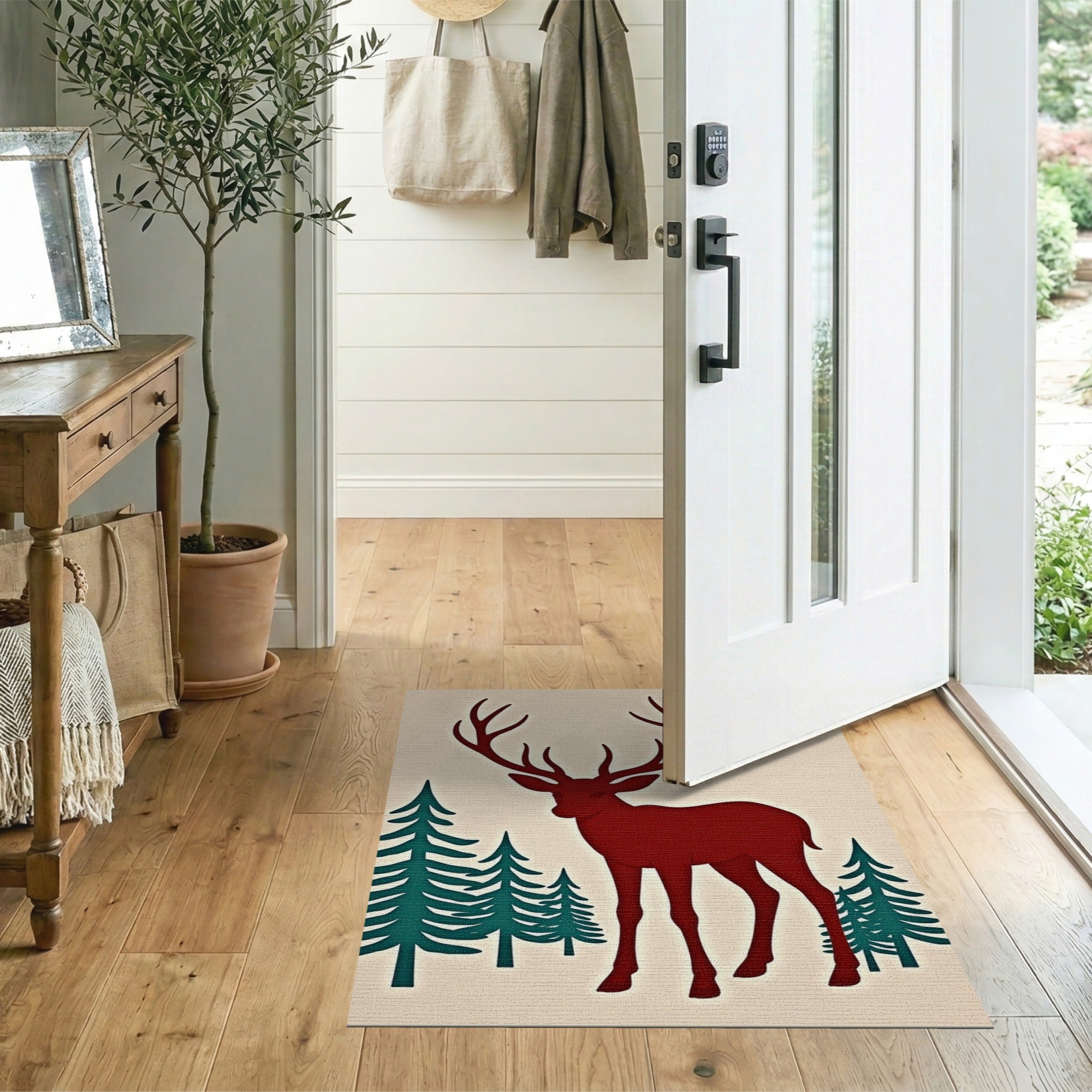 Red Stag Silhouette with Teal Pines Area Rug