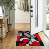ODIKA Modern Abstract Geometric Red and Black Washable Area Rug - Low Pile Non-Slip Pet & Kid Friendly