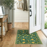 Vintage Yellow Floral Green Area Rug